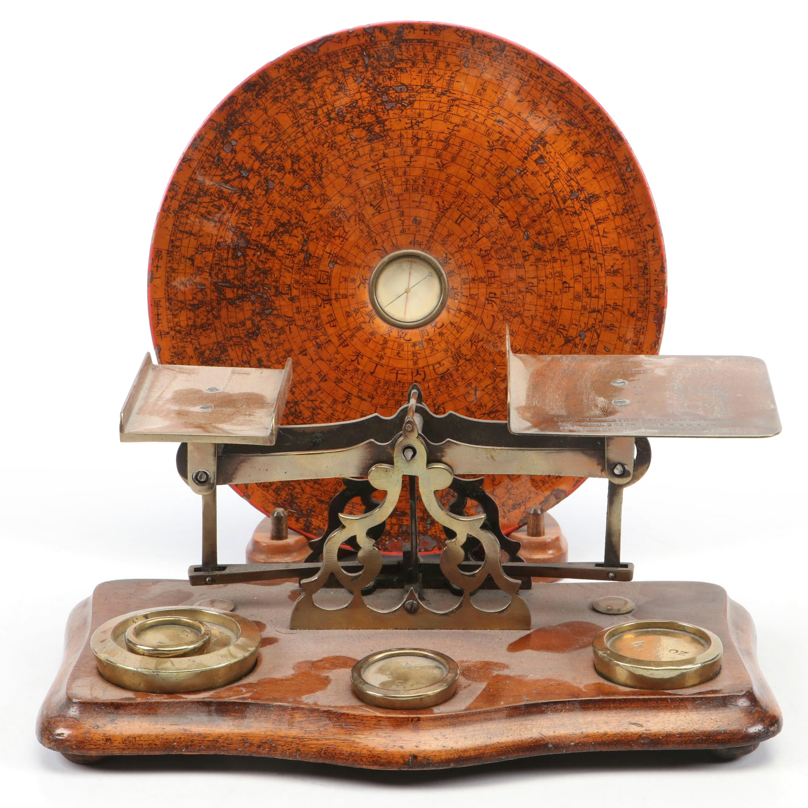Victorian Brass Postal Letter Scale with Chinese Lacquered Compass