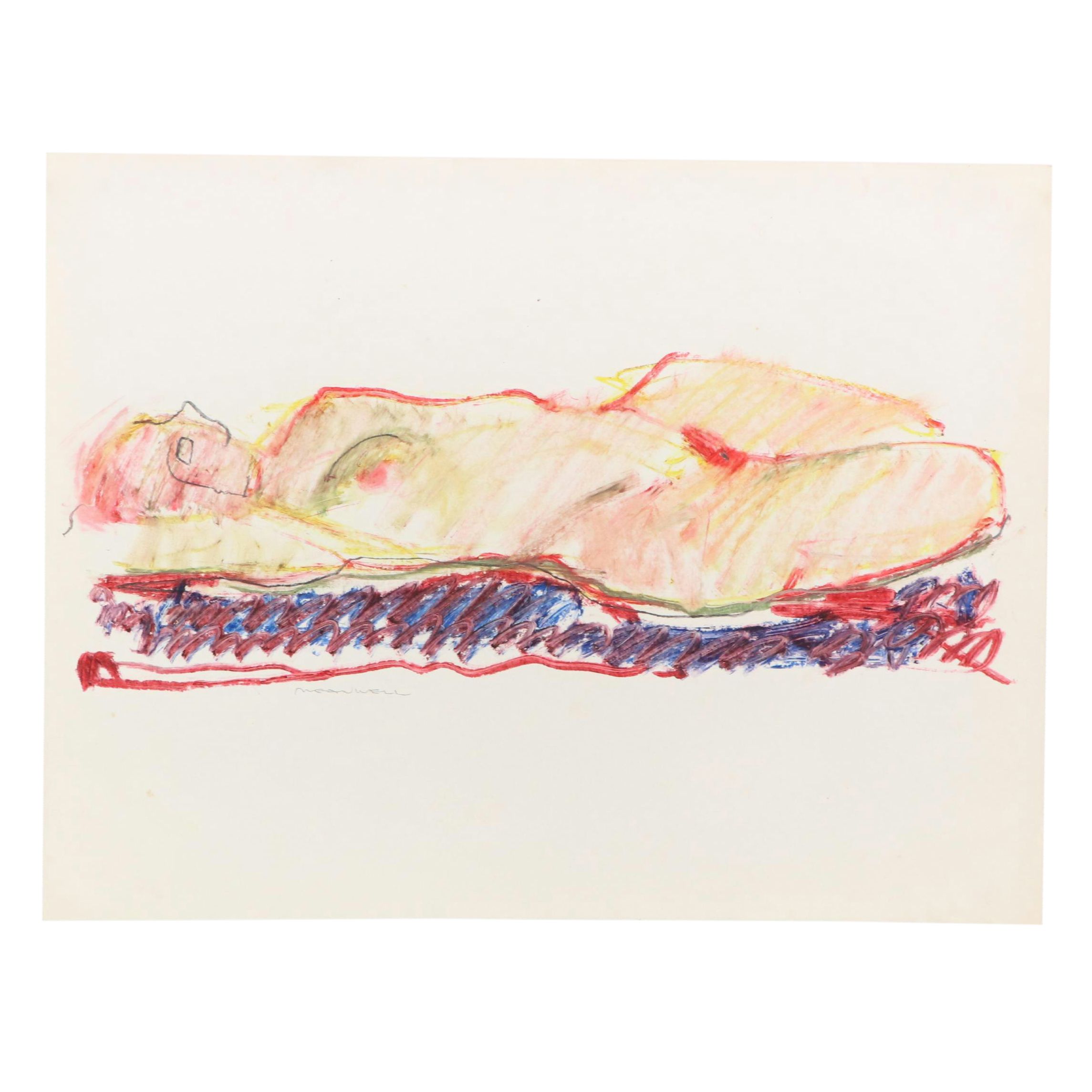 Jack Meanwell Modern Oil Pastel Drawing of Reclining Nude, Late 20th Century