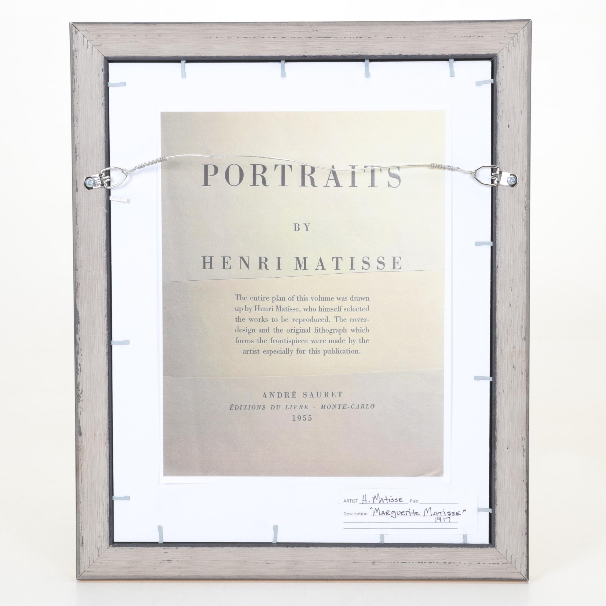 Henri Matisse Reproduction Portrait Color Lithograph "Marguerite Matisse," 1955