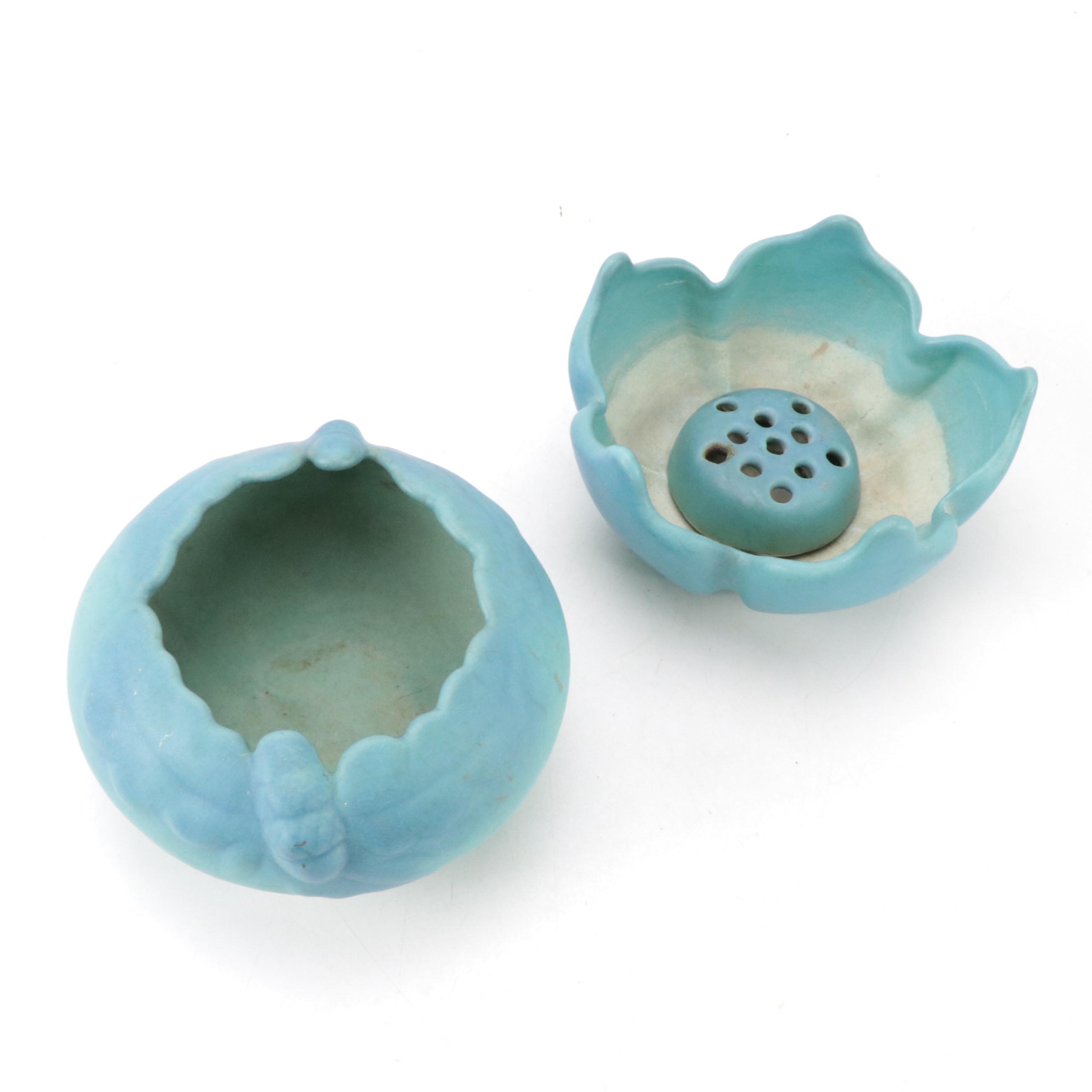 Van Briggle Art Pottery Blue Matte Glaze Lotus Bowl, Floral Frog, and Vase