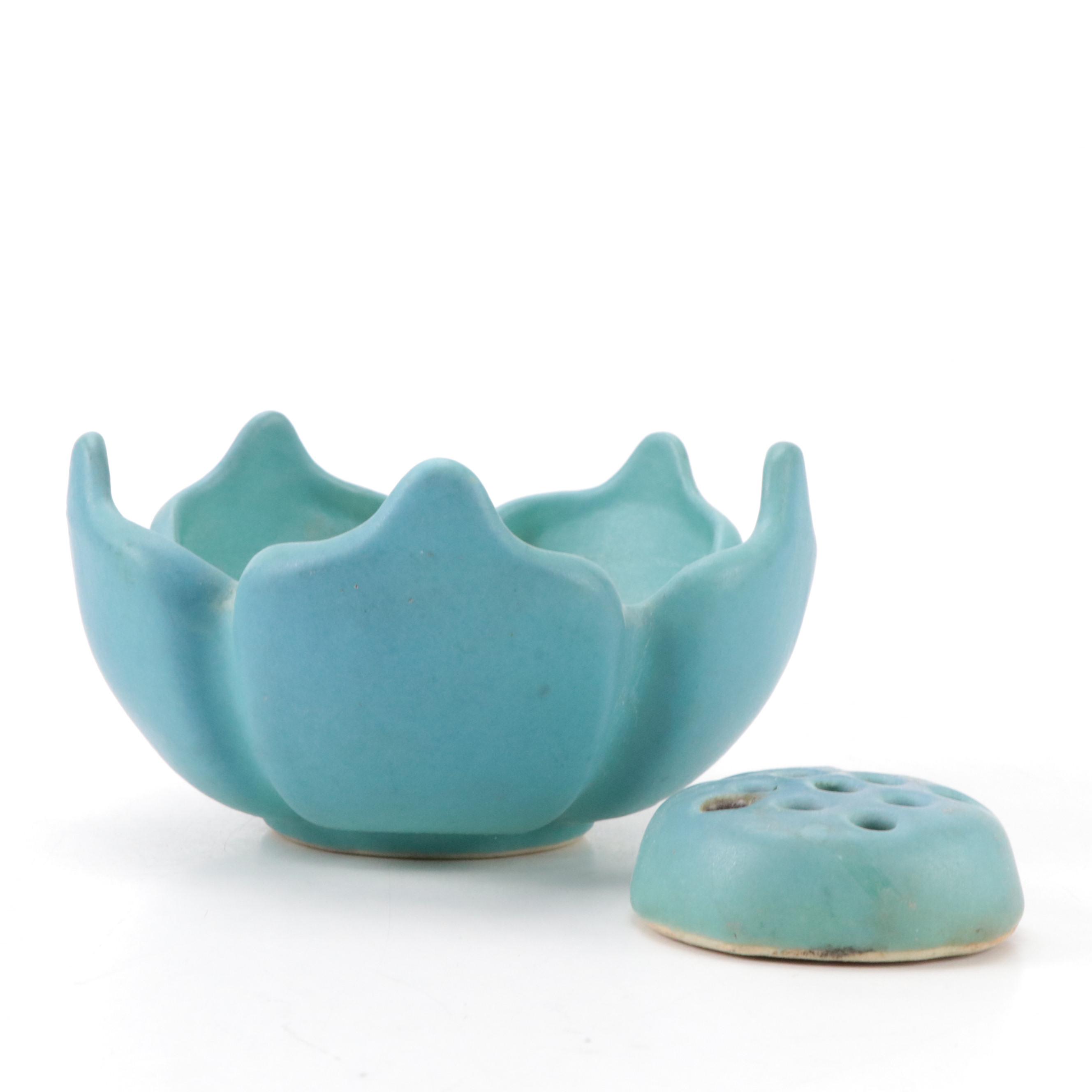 Van Briggle Art Pottery Blue Matte Glaze Lotus Bowl, Floral Frog, and Vase