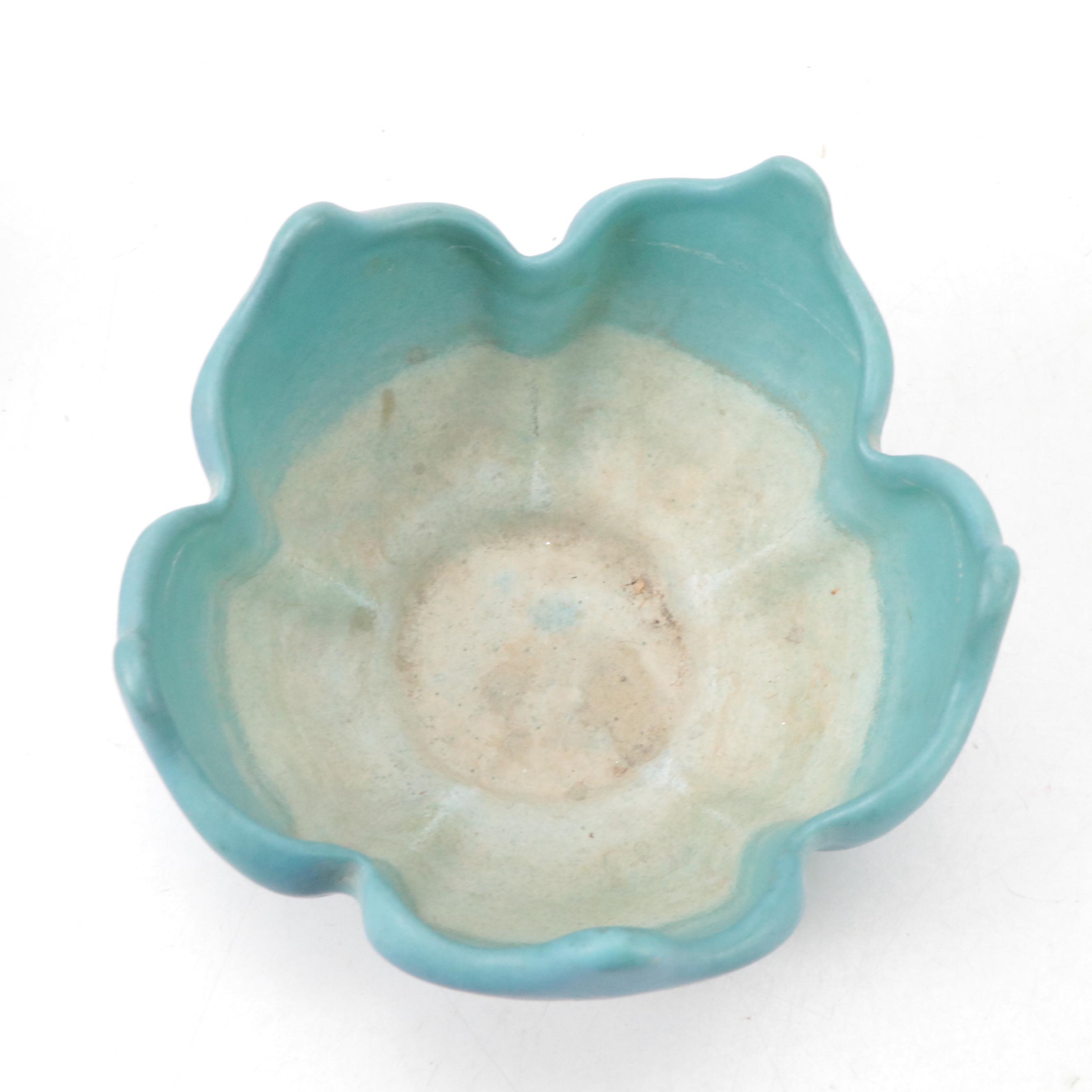 Van Briggle Art Pottery Blue Matte Glaze Lotus Bowl, Floral Frog, and Vase