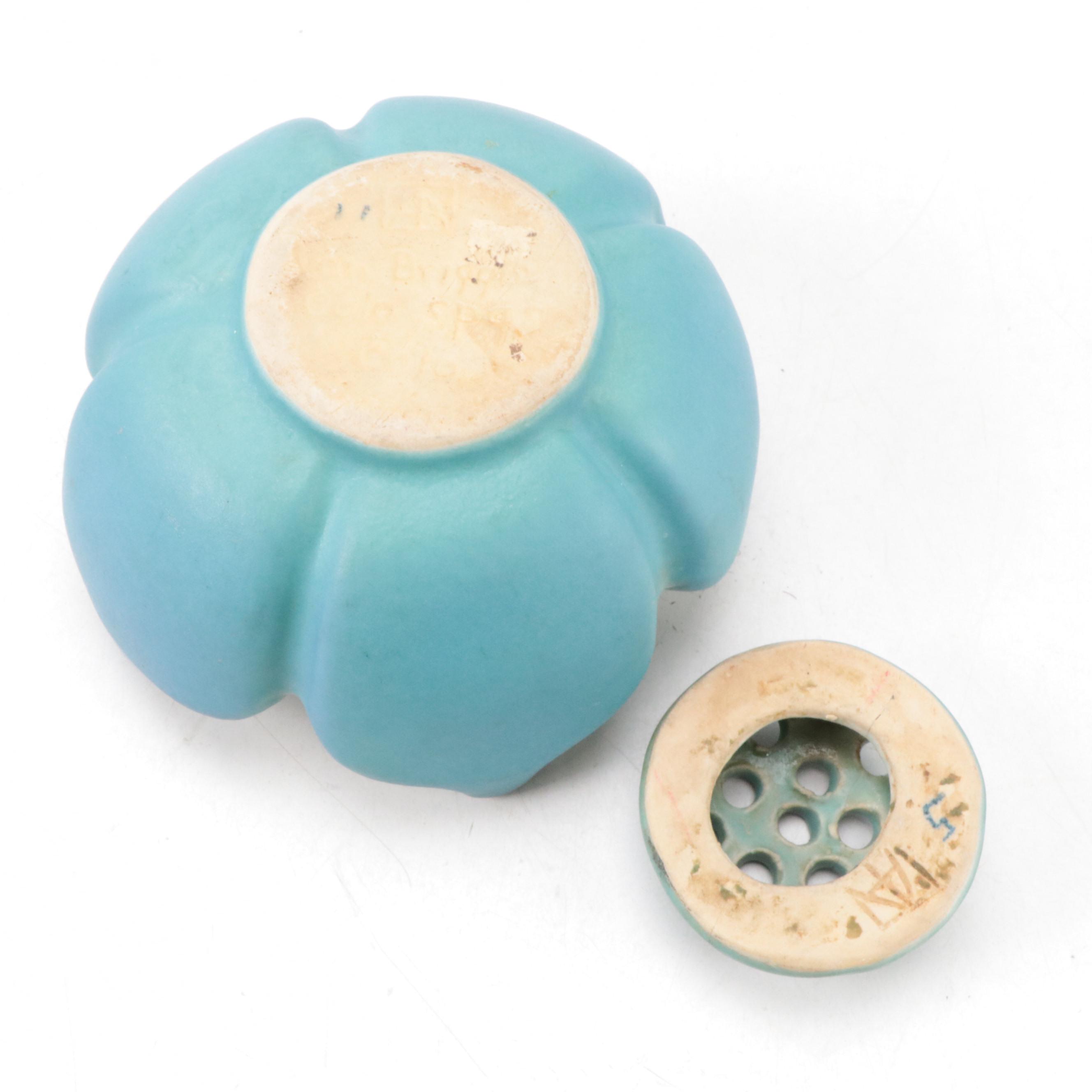 Van Briggle Art Pottery Blue Matte Glaze Lotus Bowl, Floral Frog, and Vase