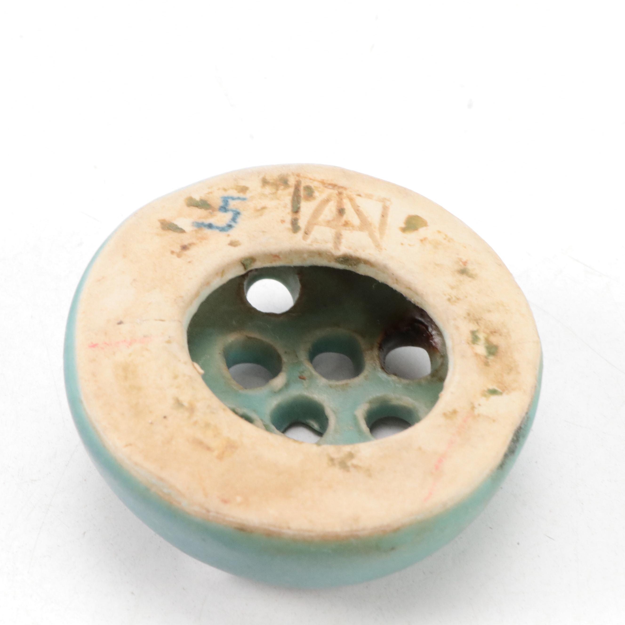 Van Briggle Art Pottery Blue Matte Glaze Lotus Bowl, Floral Frog, and Vase