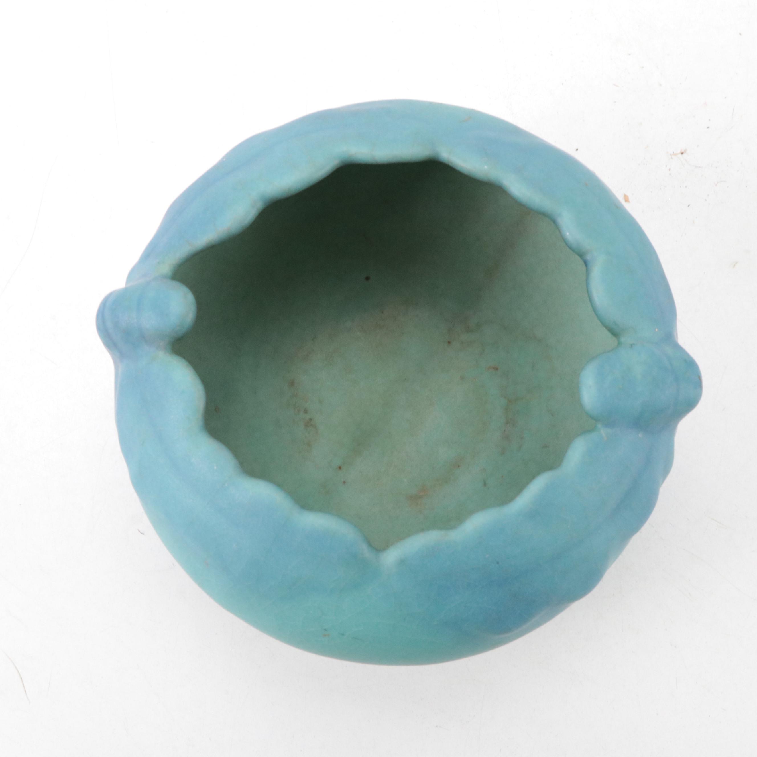 Van Briggle Art Pottery Blue Matte Glaze Lotus Bowl, Floral Frog, and Vase