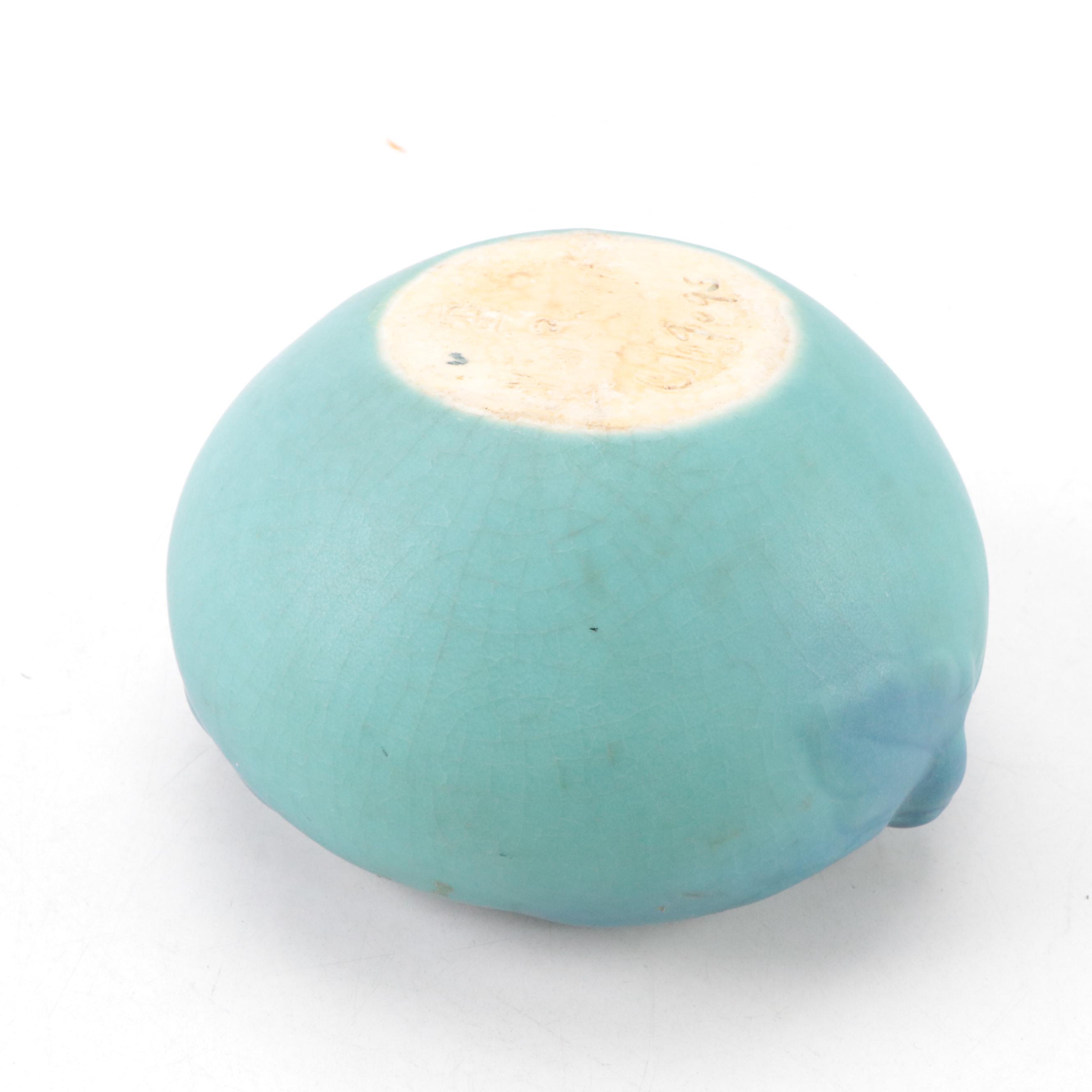 Van Briggle Art Pottery Blue Matte Glaze Lotus Bowl, Floral Frog, and Vase