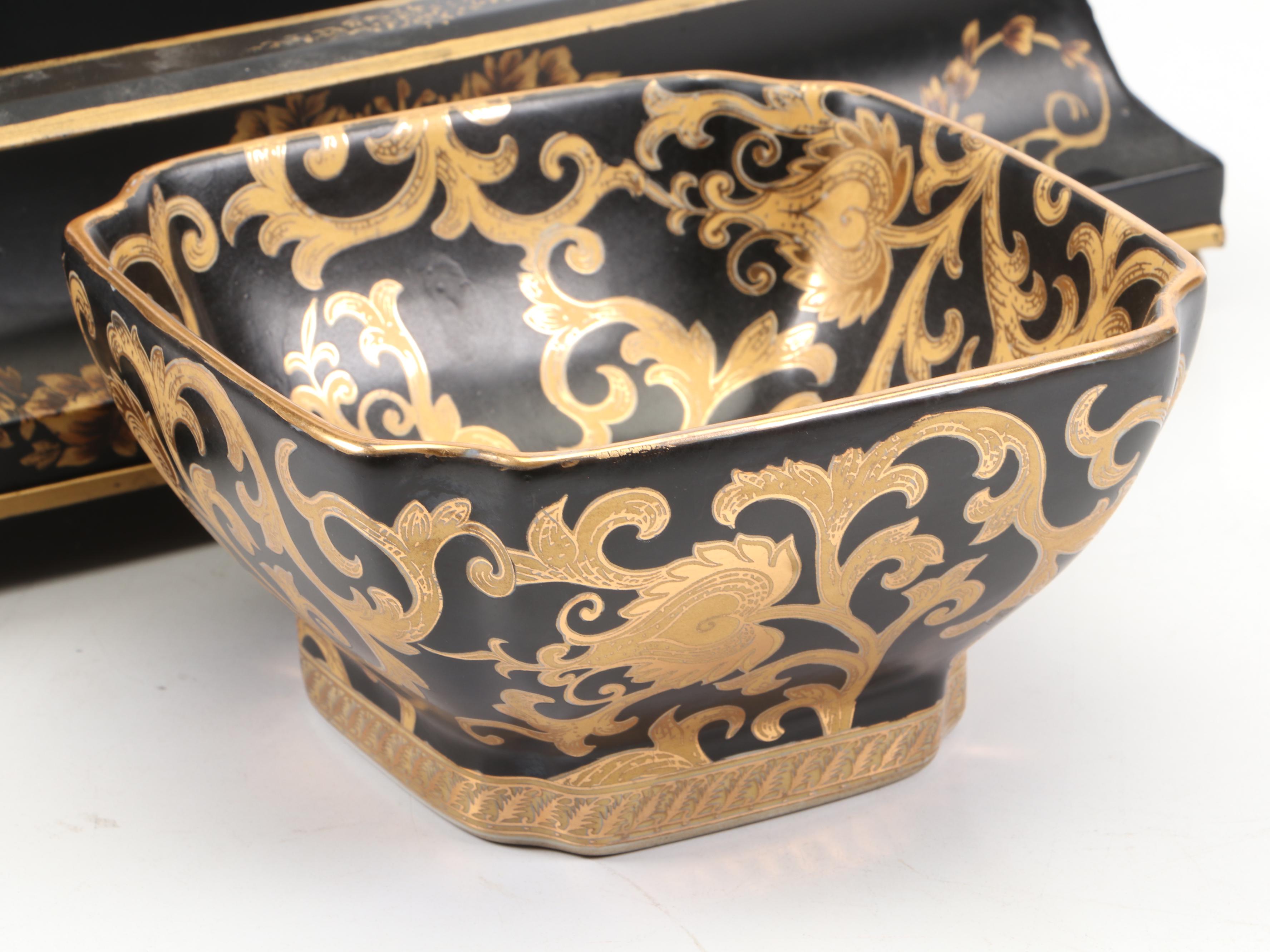 Gilt Black Ceramic Vase and Bowl with Metal Planter