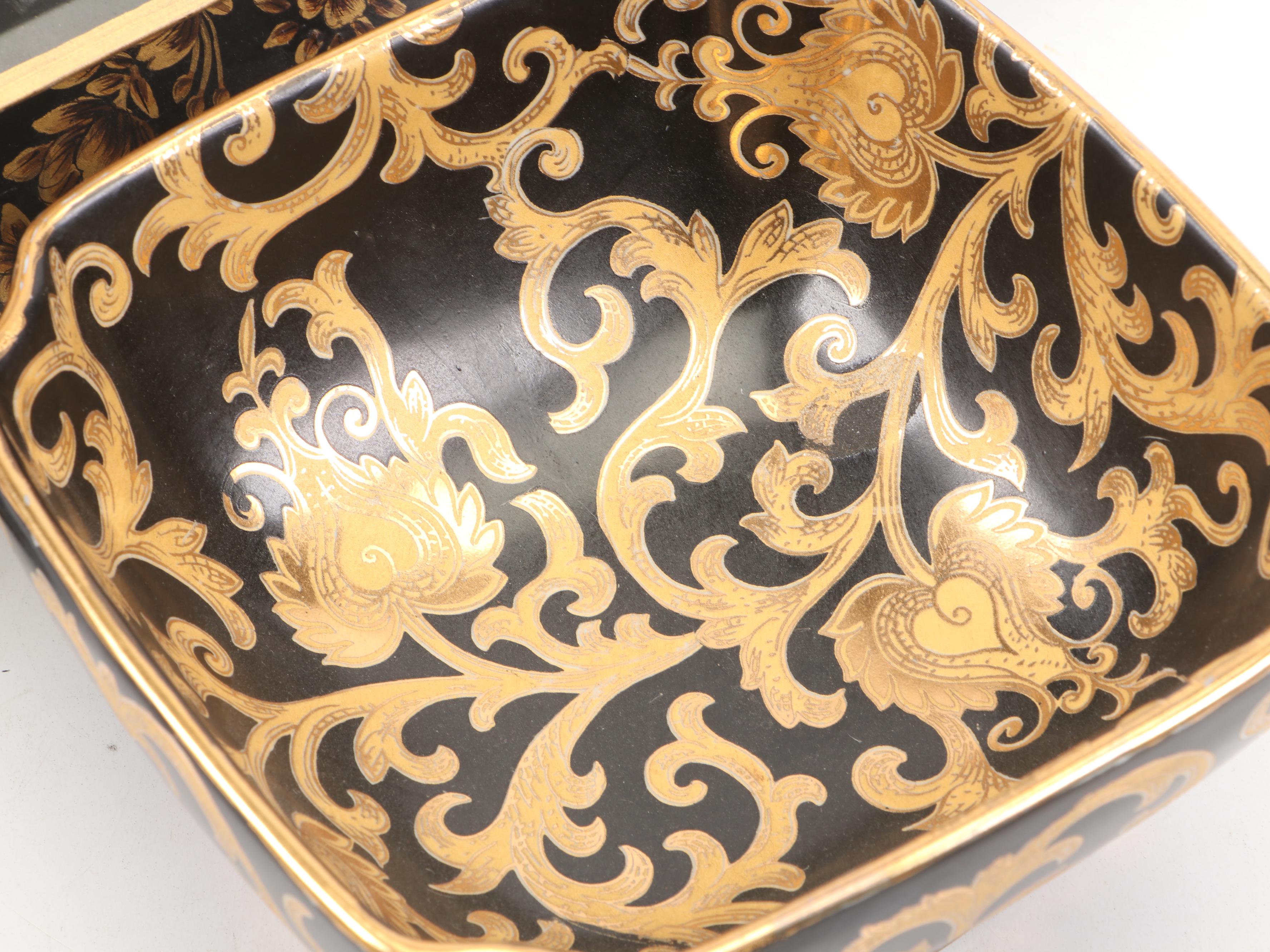 Gilt Black Ceramic Vase and Bowl with Metal Planter