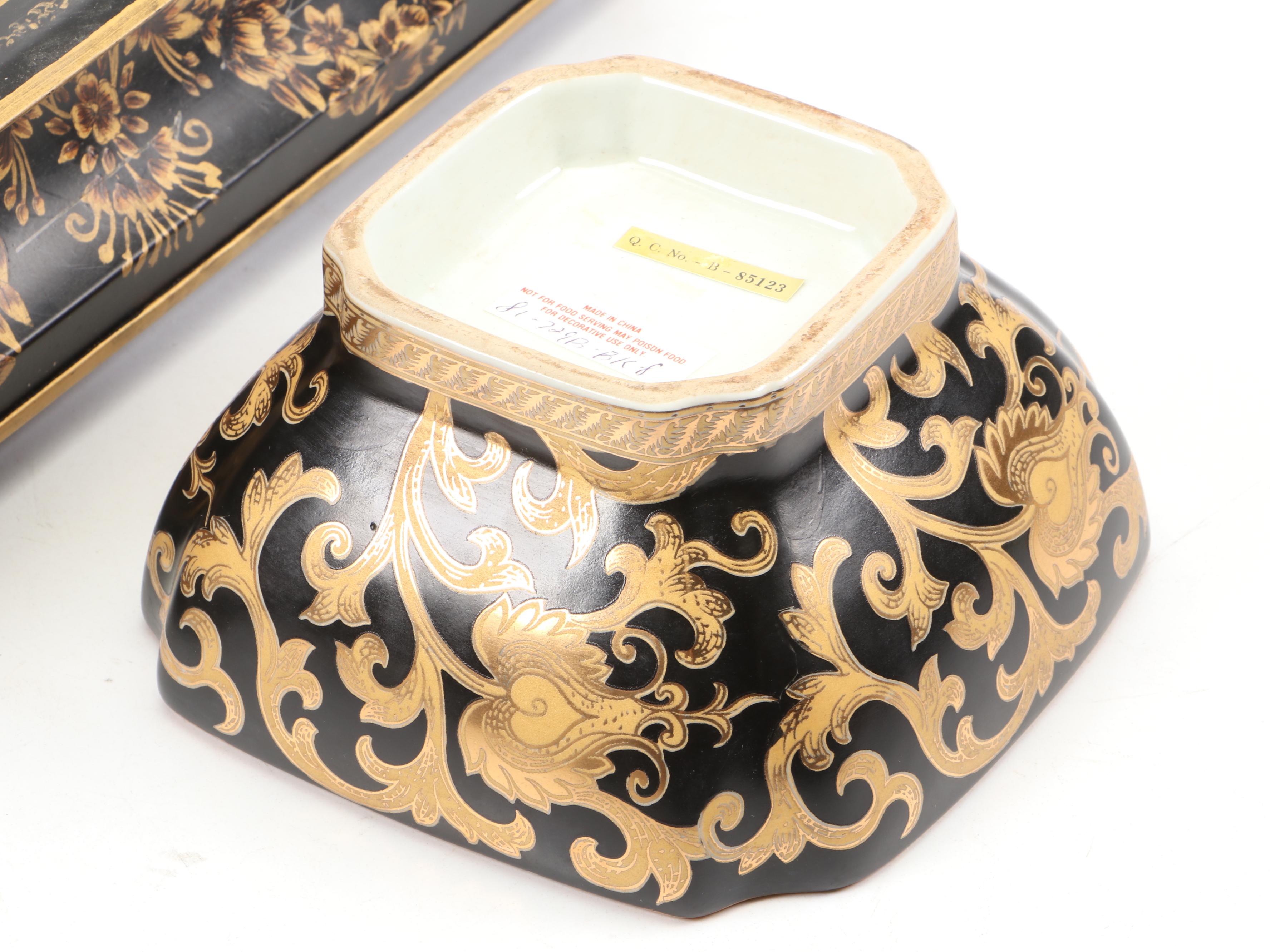 Gilt Black Ceramic Vase and Bowl with Metal Planter