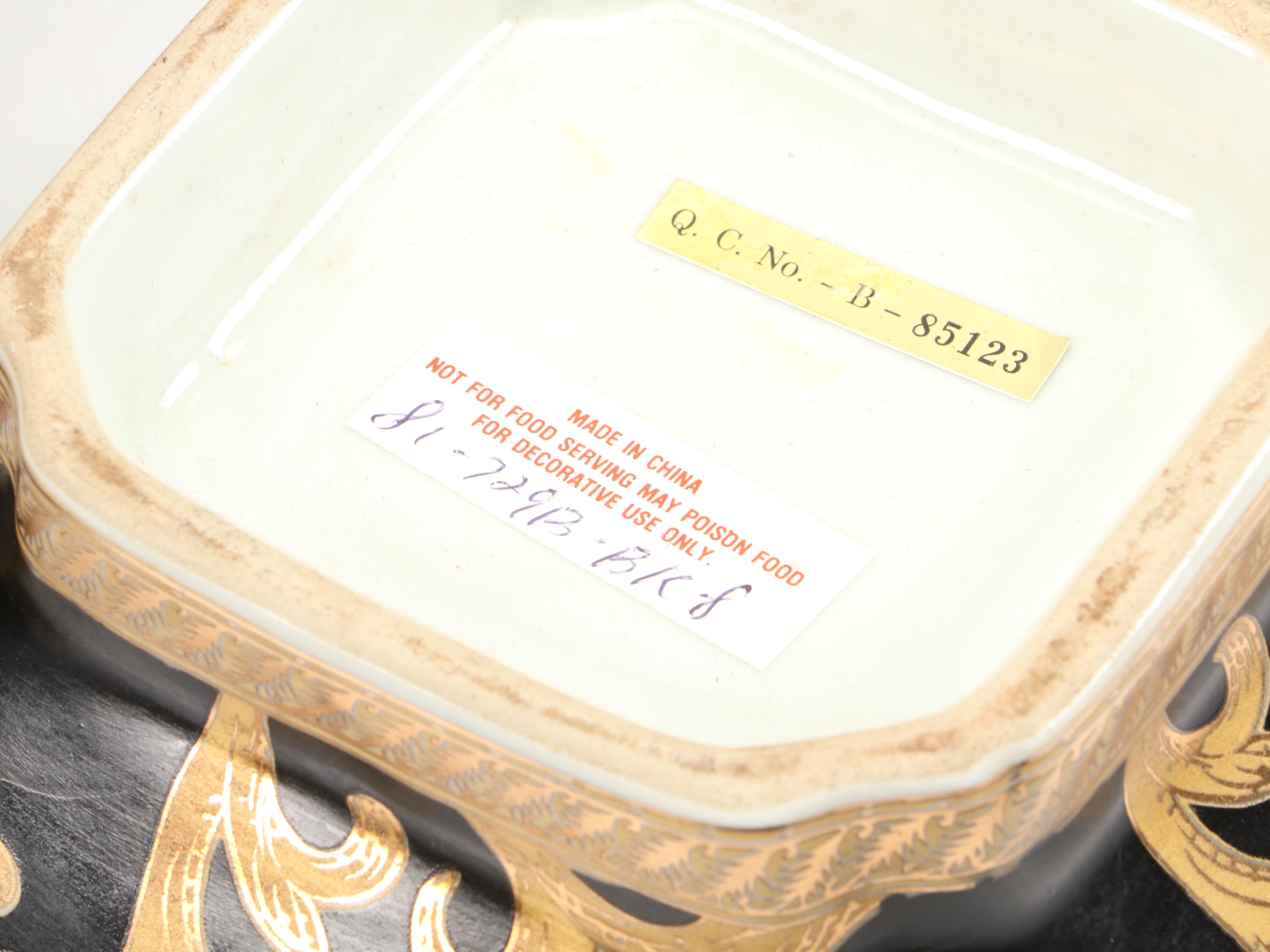 Gilt Black Ceramic Vase and Bowl with Metal Planter