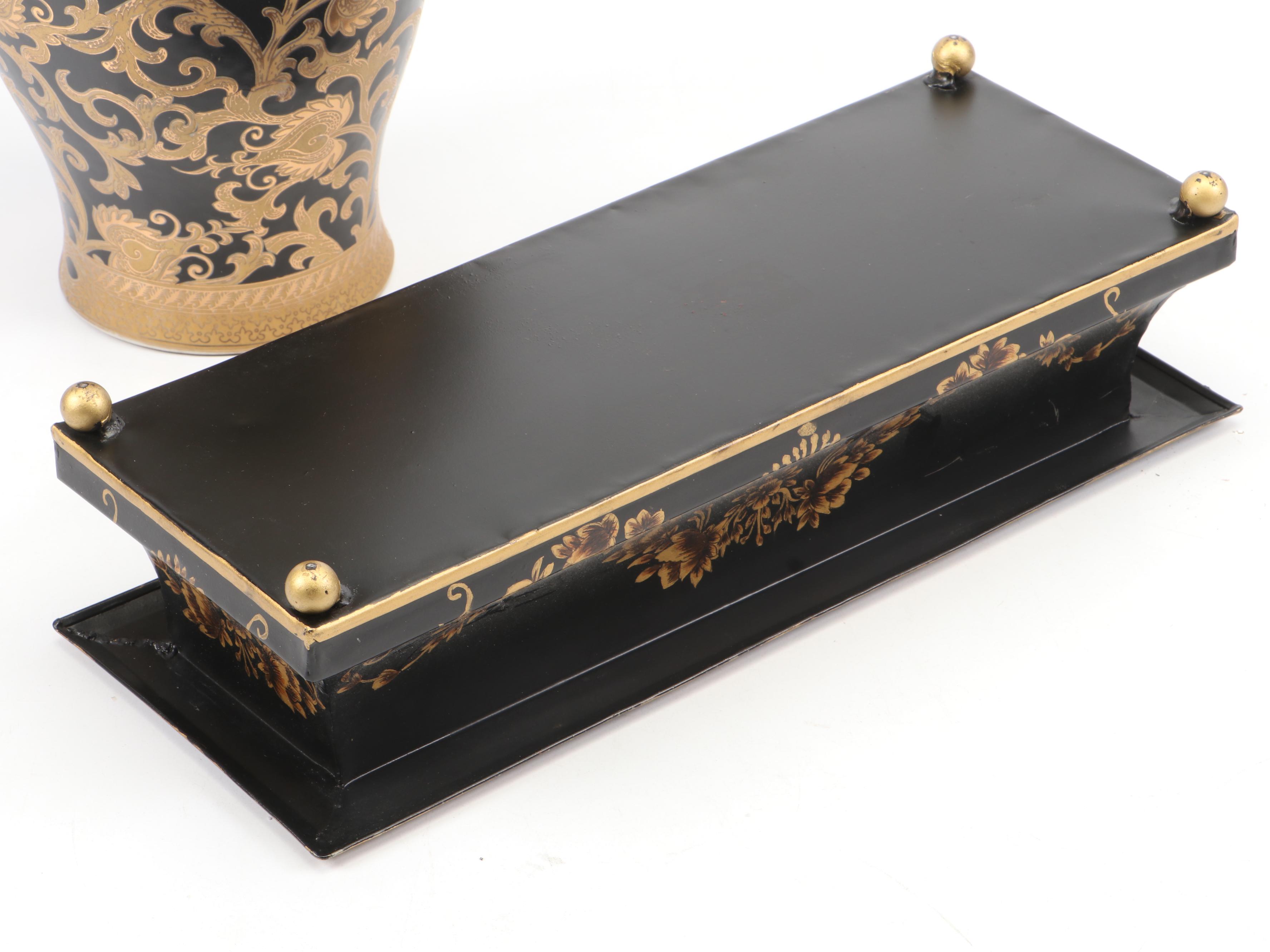 Gilt Black Ceramic Vase and Bowl with Metal Planter