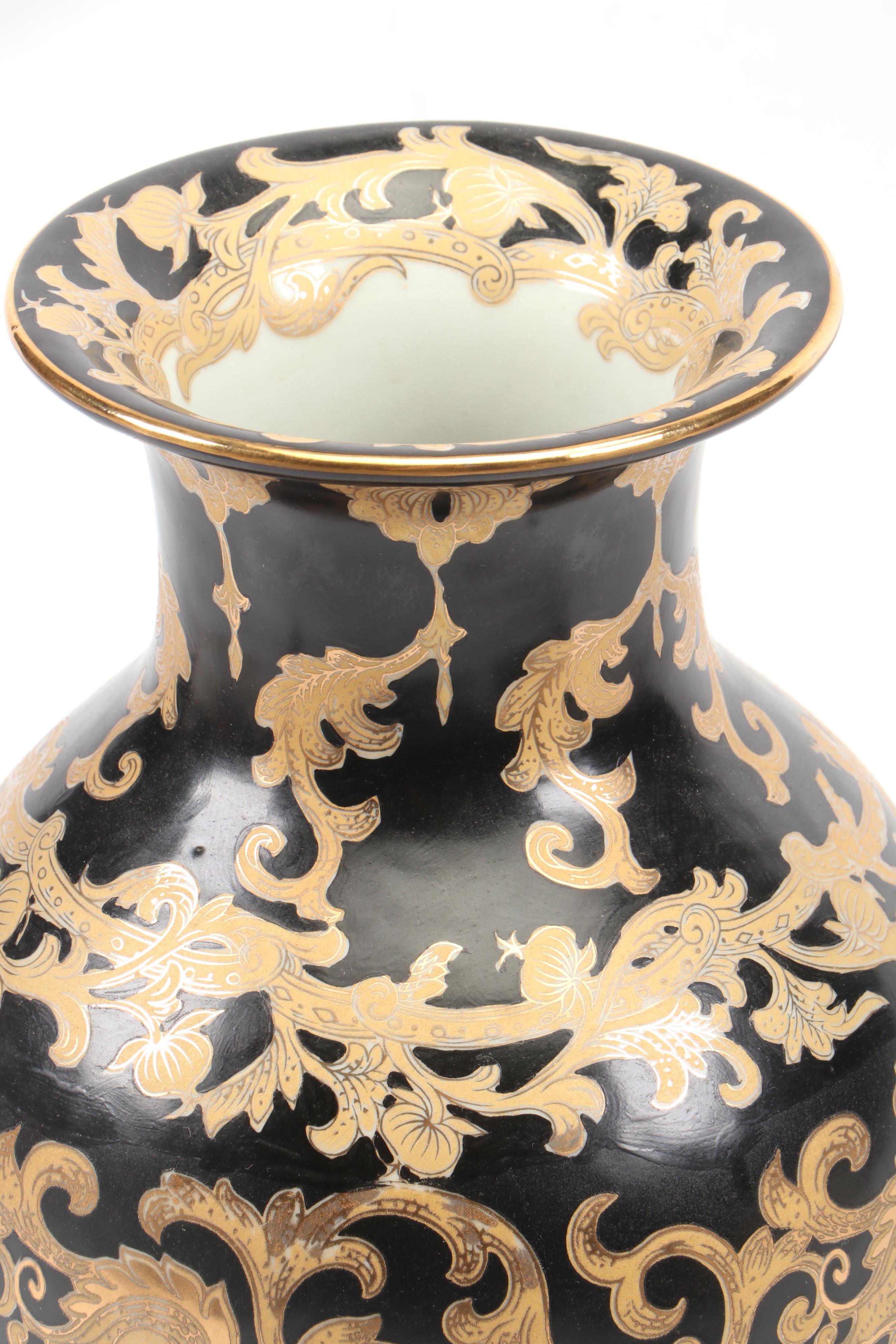 Gilt Black Ceramic Vase and Bowl with Metal Planter