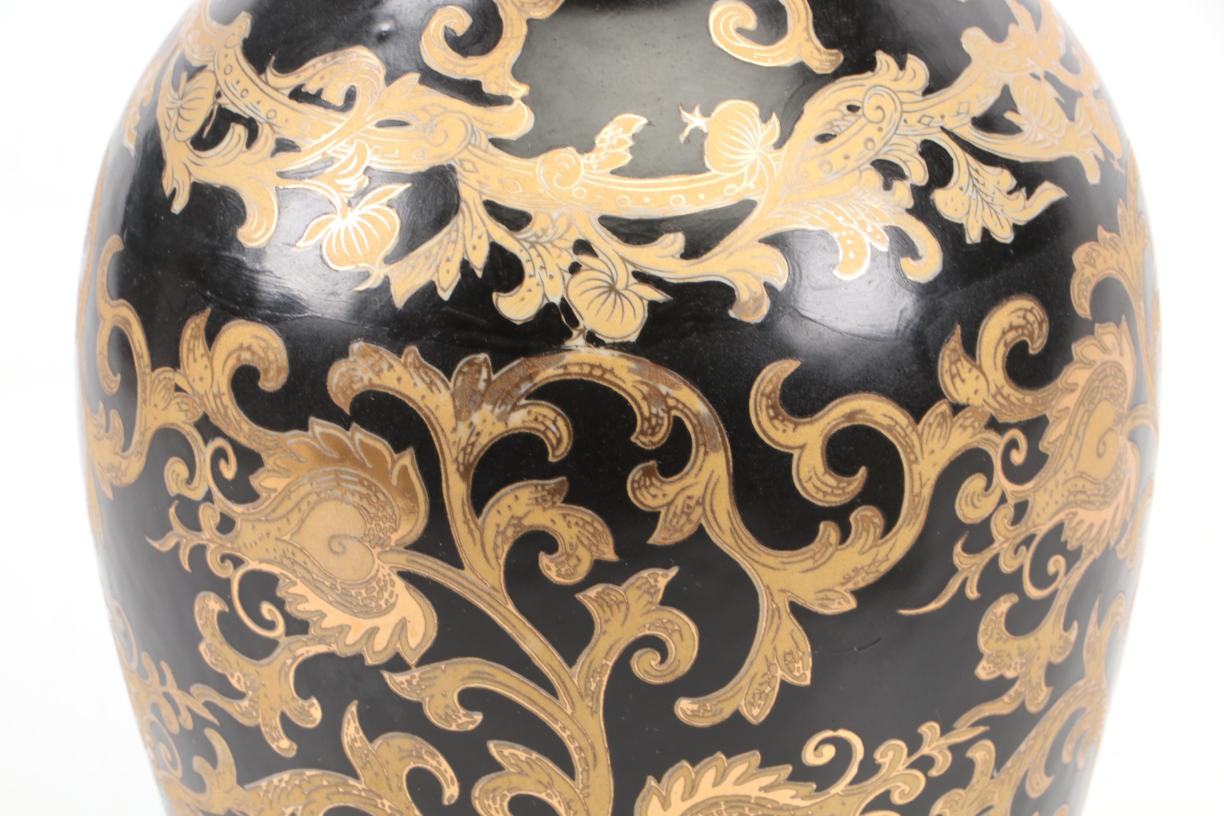 Gilt Black Ceramic Vase and Bowl with Metal Planter