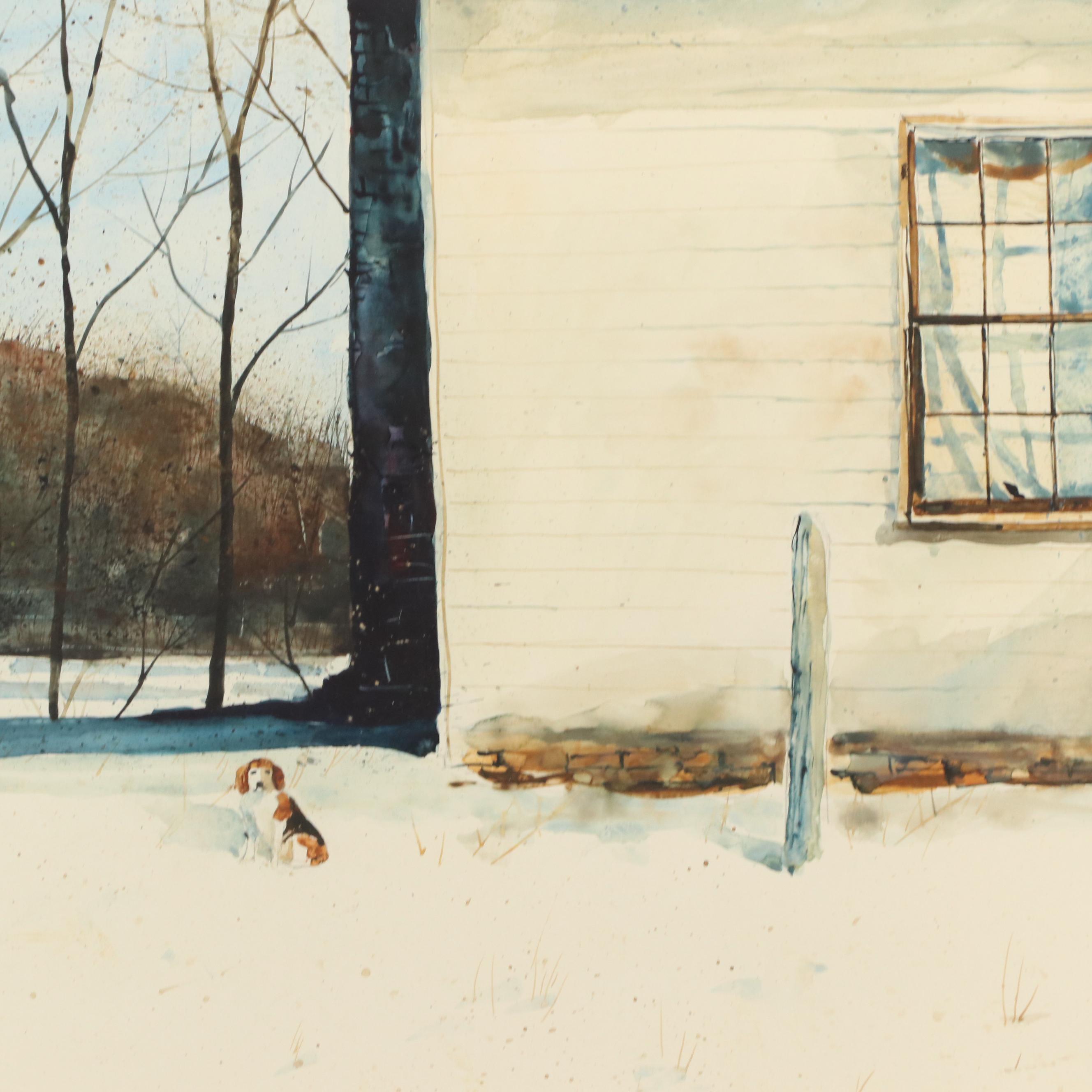 Gary Akers Watercolor Painting of Winter Landscape With Farmhouse