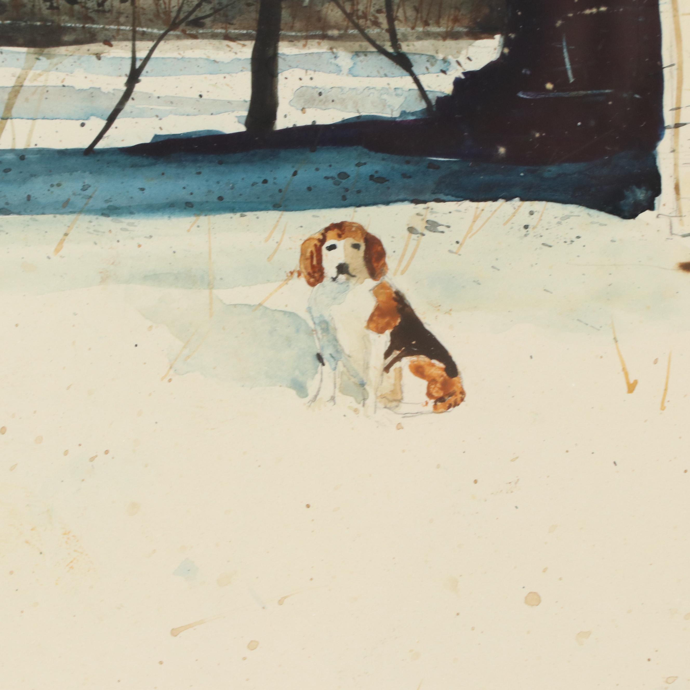 Gary Akers Watercolor Painting of Winter Landscape With Farmhouse