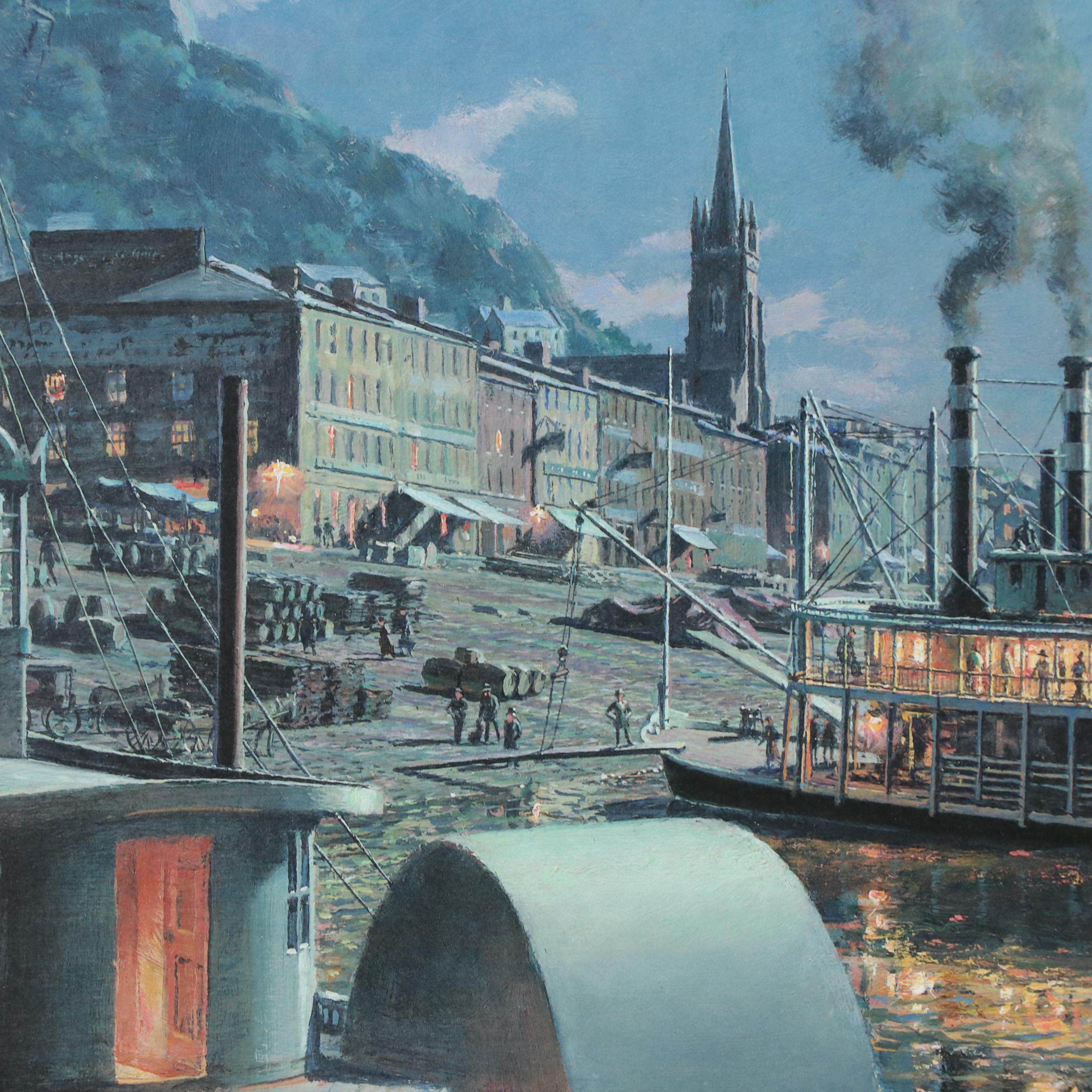 John Stobart Offset Print "Cincinnati: The Public Landing by Moonlight, c. 1875"