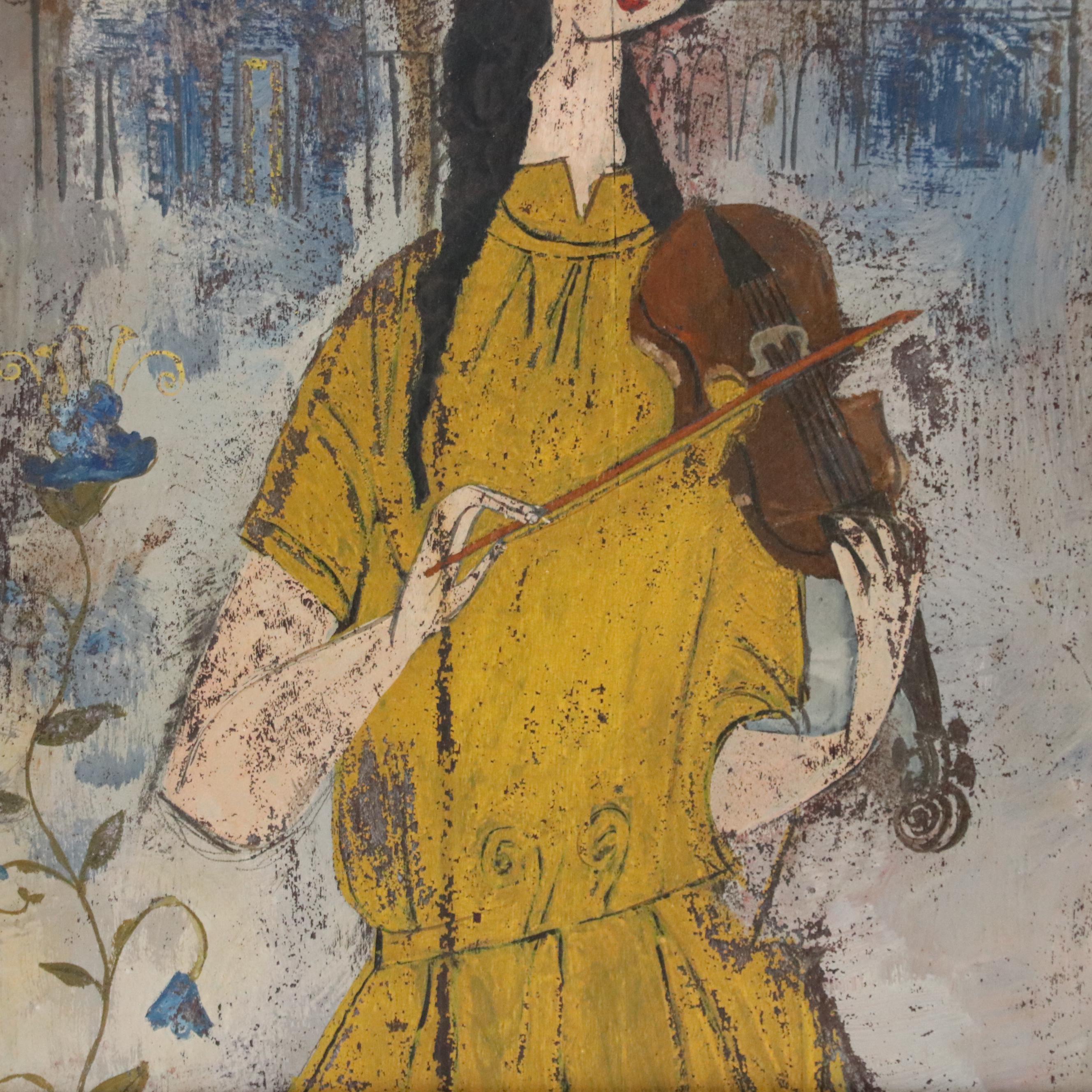 Tempera Painting of Woman Playing Violin After Alice Rose and Martin Provensen