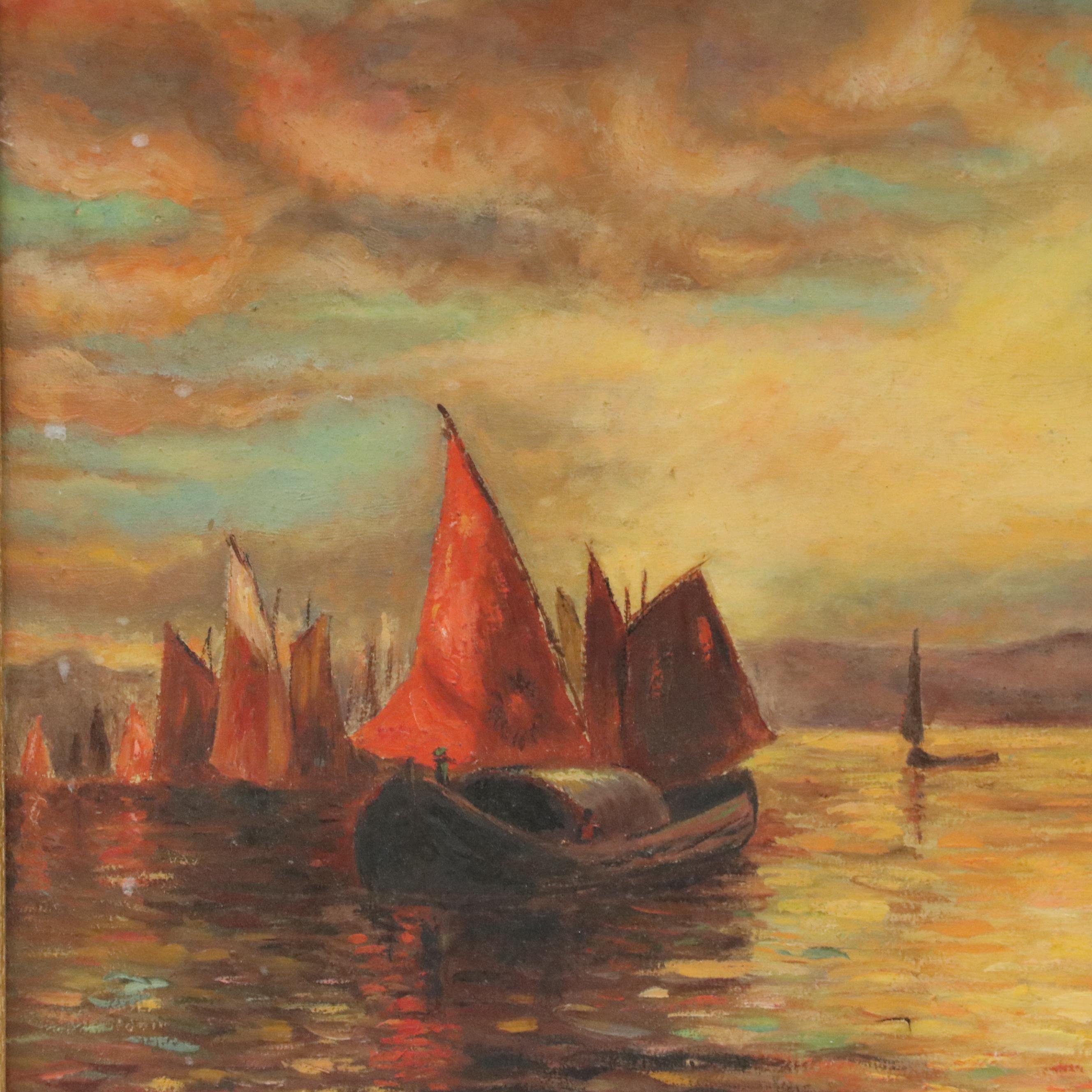 John Morris Port Scene at Sunset Oil Painting