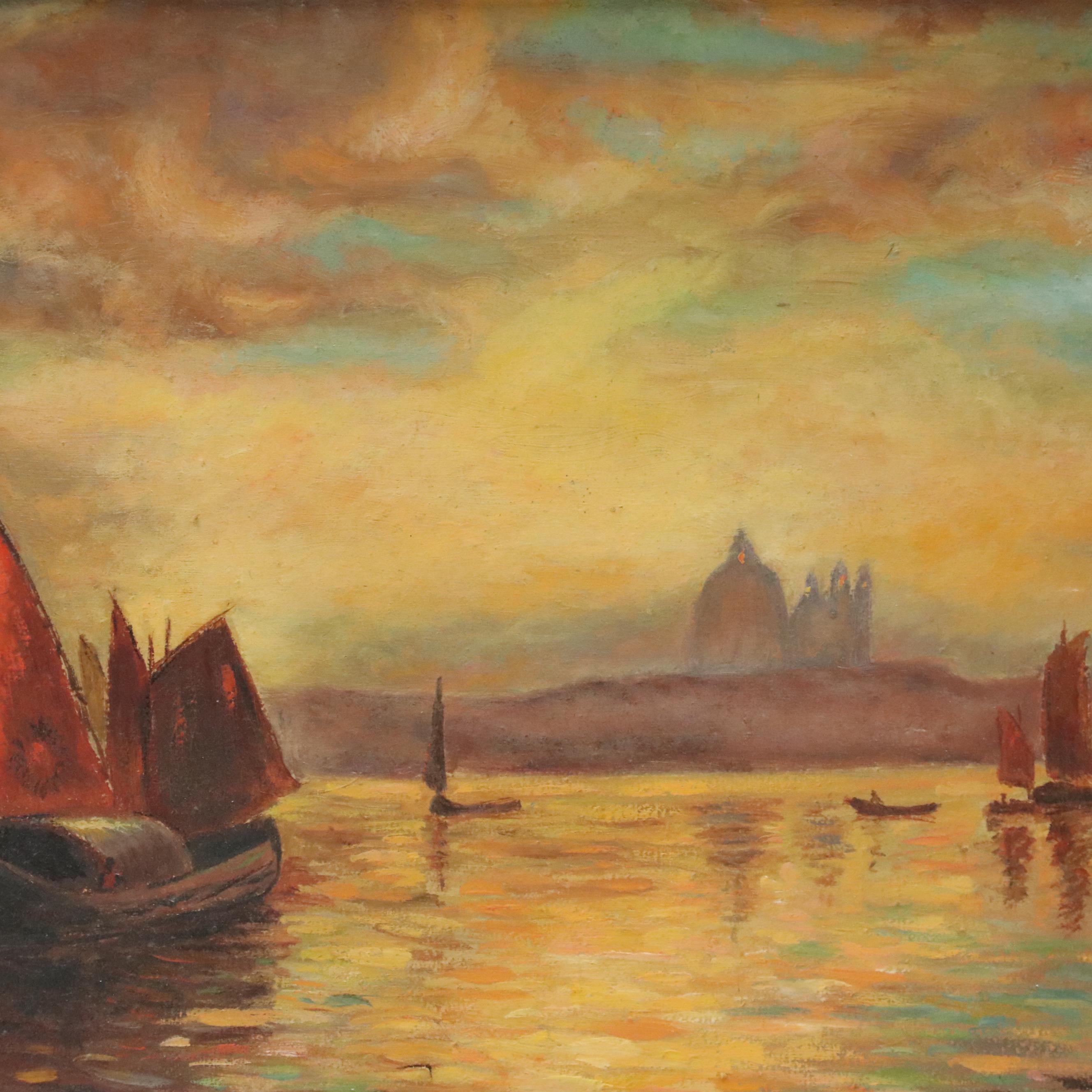 John Morris Port Scene at Sunset Oil Painting