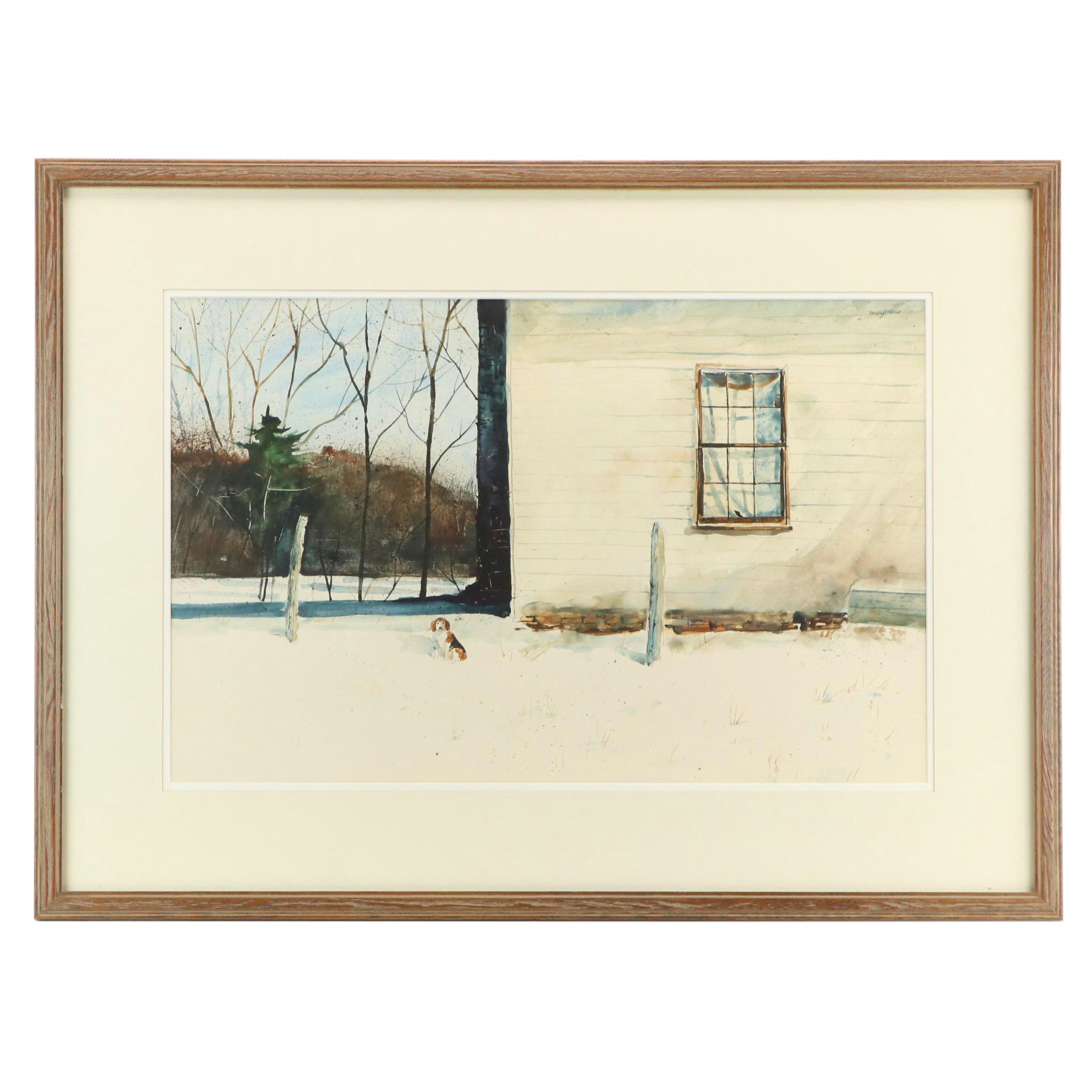 Gary Akers Watercolor Painting of Winter Landscape With Farmhouse