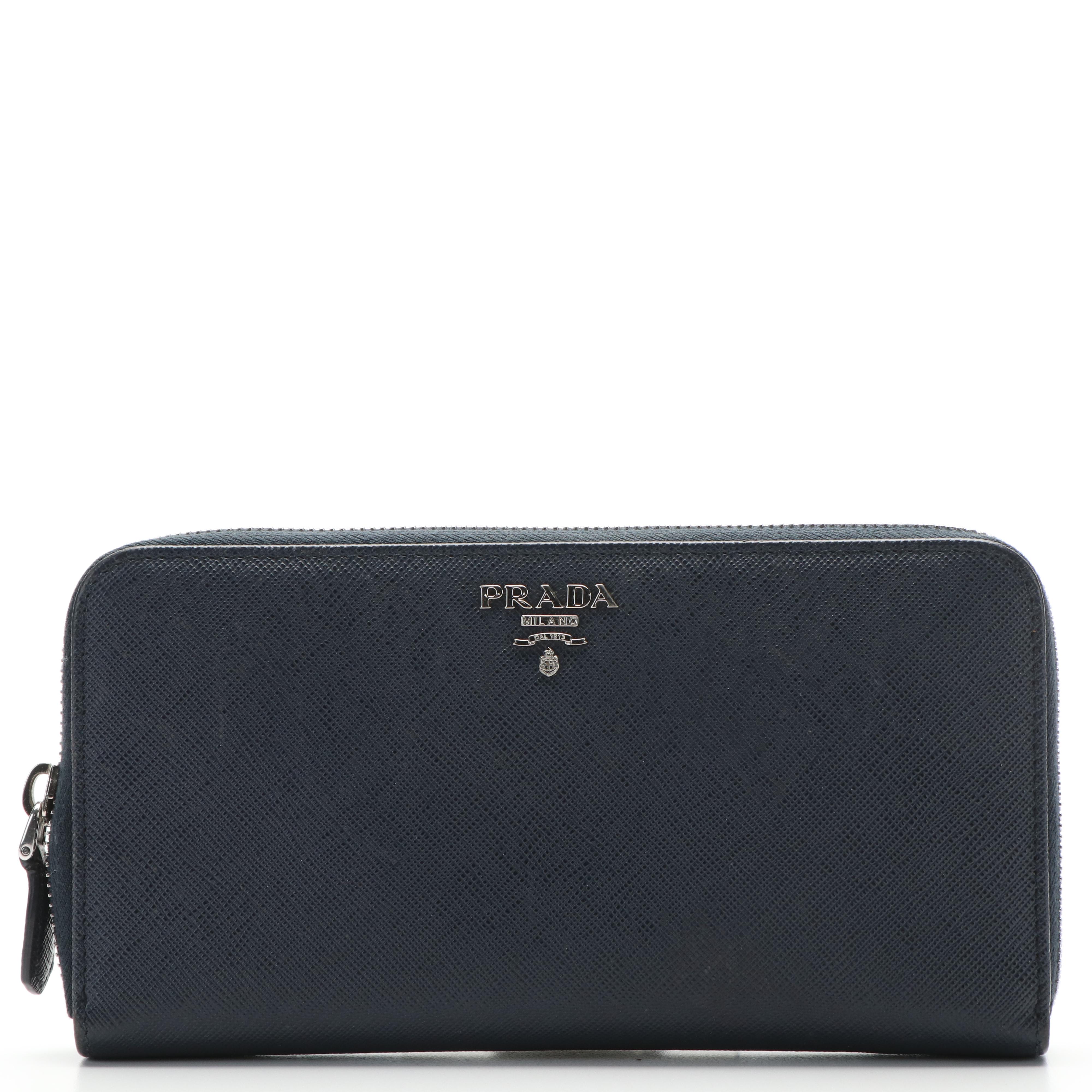 Prada Zip Around Continental Wallet in Navy Blue Saffiano Leather