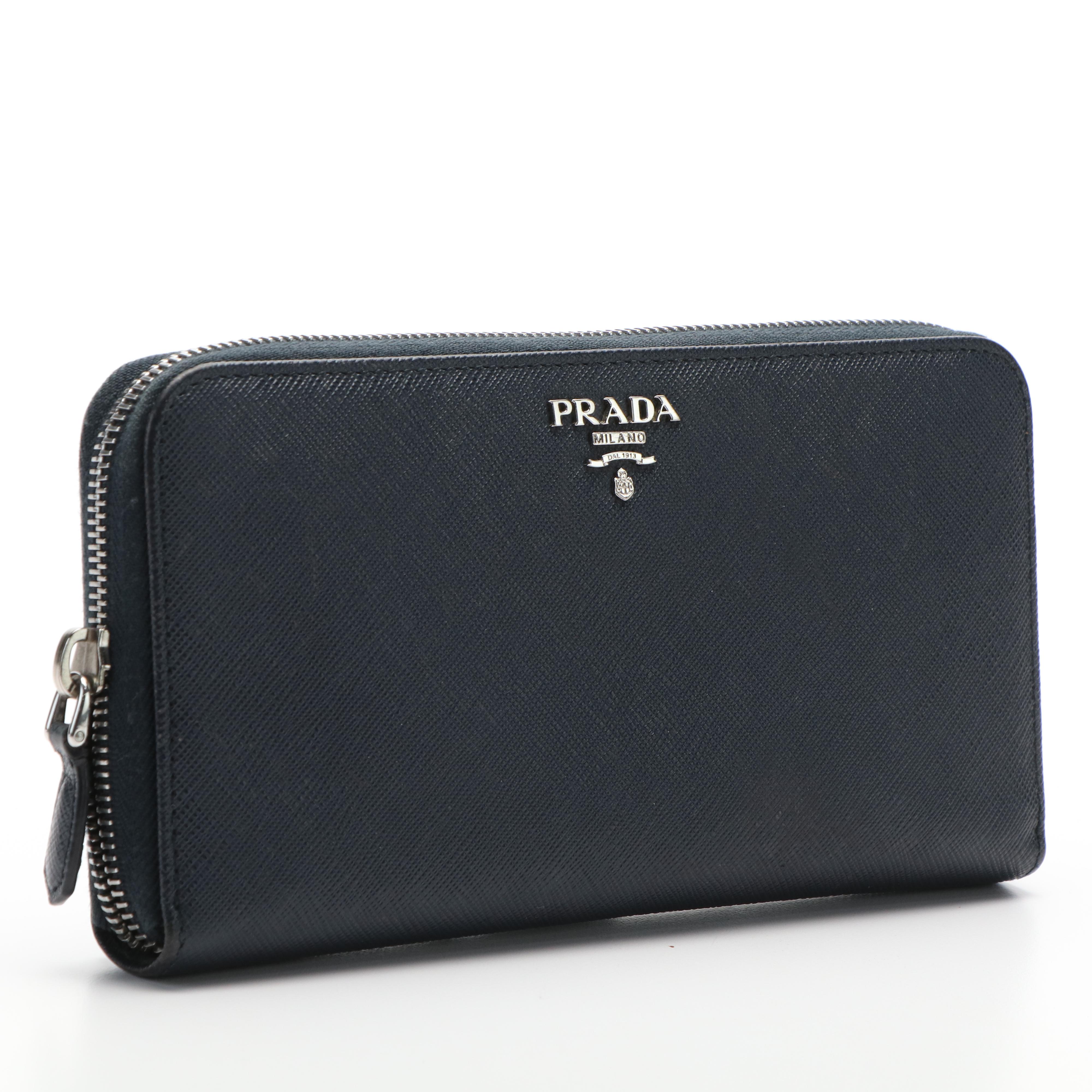 Prada Zip Around Continental Wallet in Navy Blue Saffiano Leather