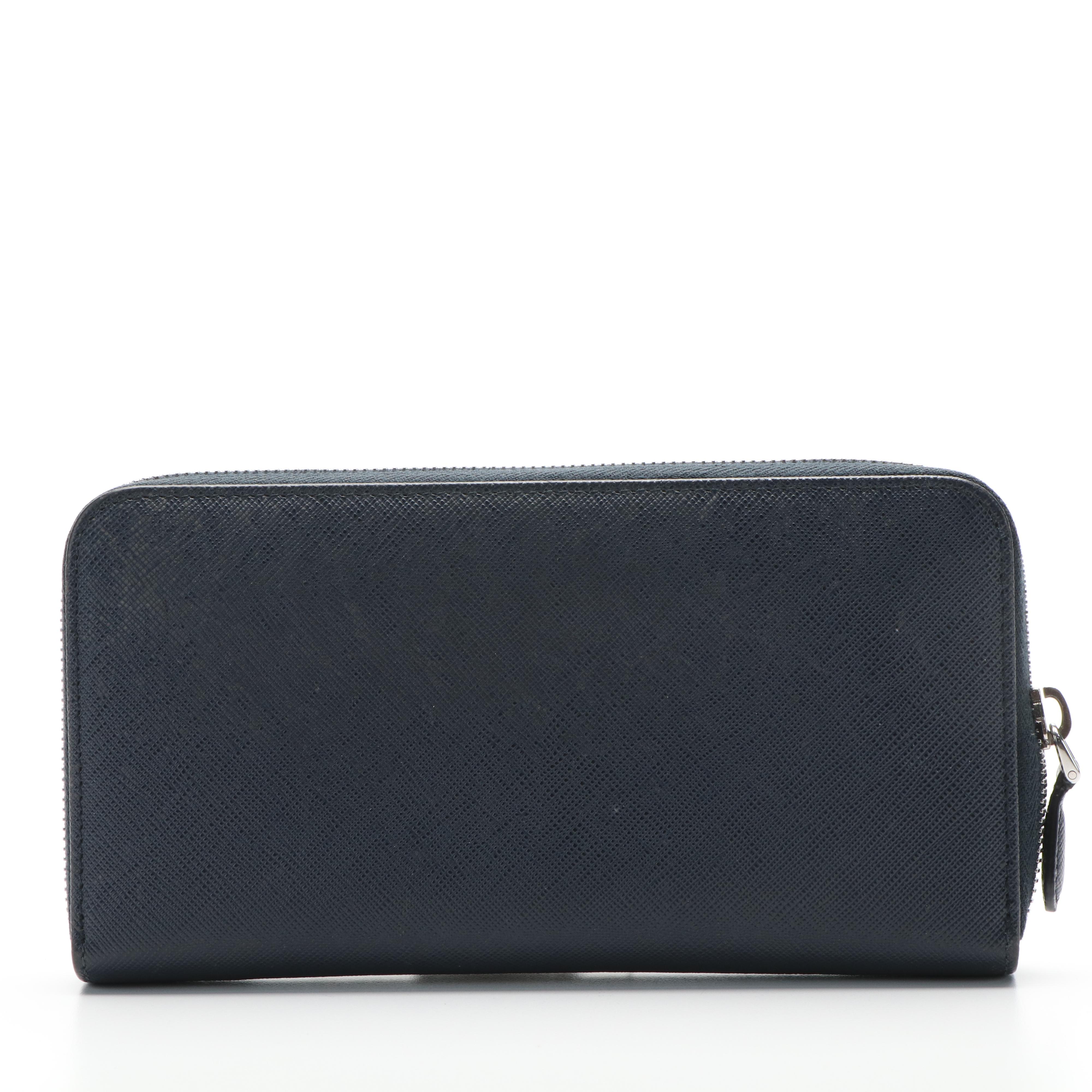 Prada Zip Around Continental Wallet in Navy Blue Saffiano Leather