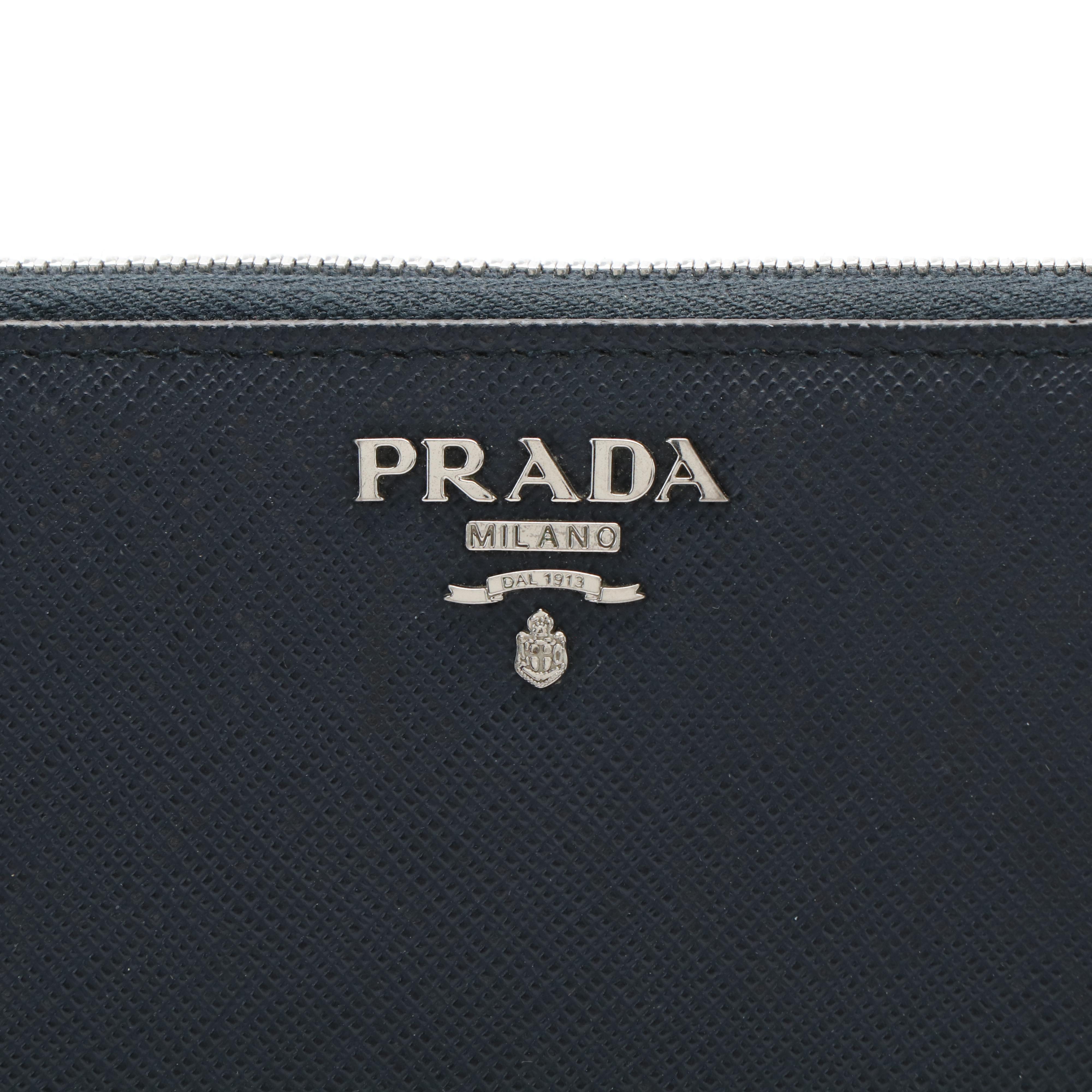 Prada Zip Around Continental Wallet in Navy Blue Saffiano Leather