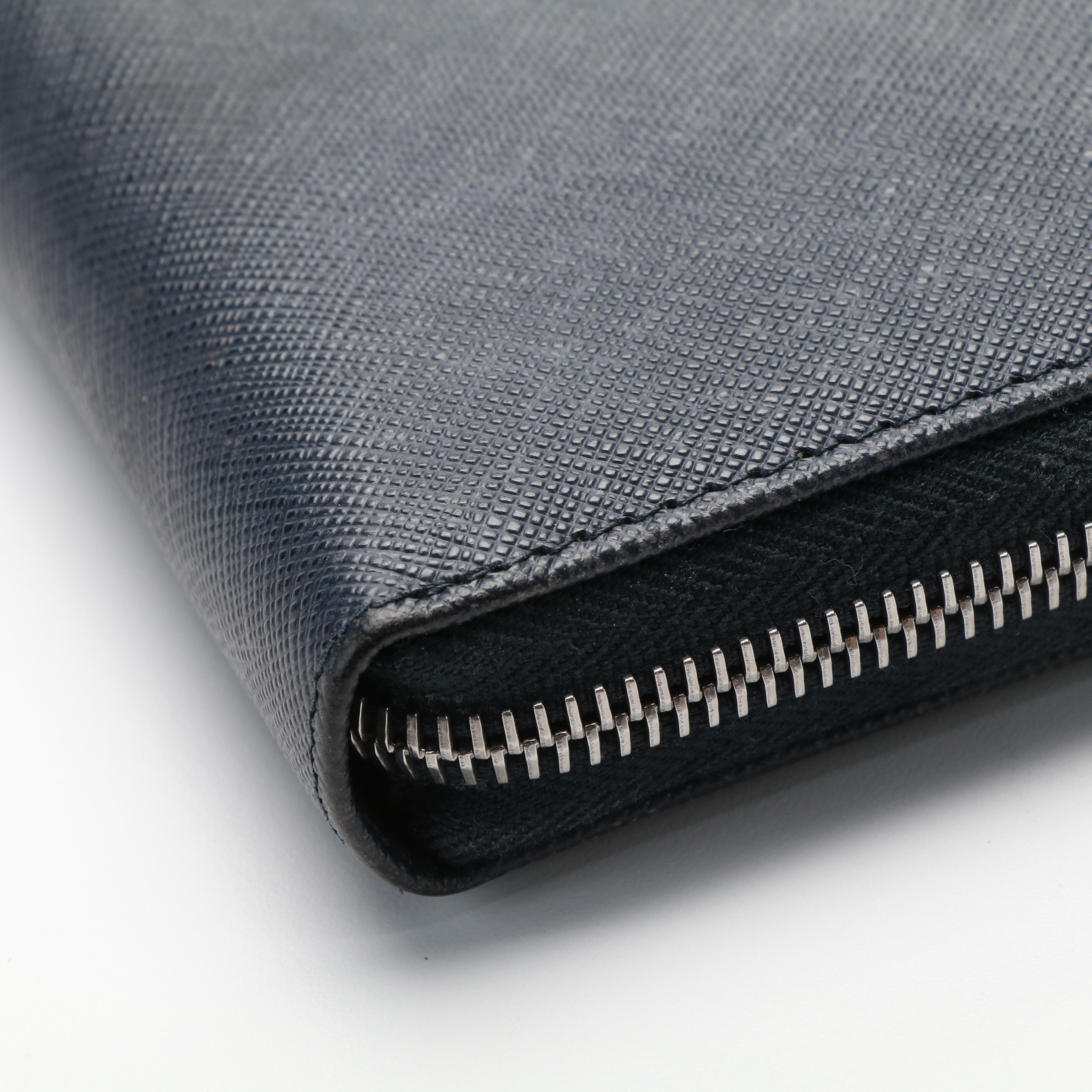 Prada Zip Around Continental Wallet in Navy Blue Saffiano Leather