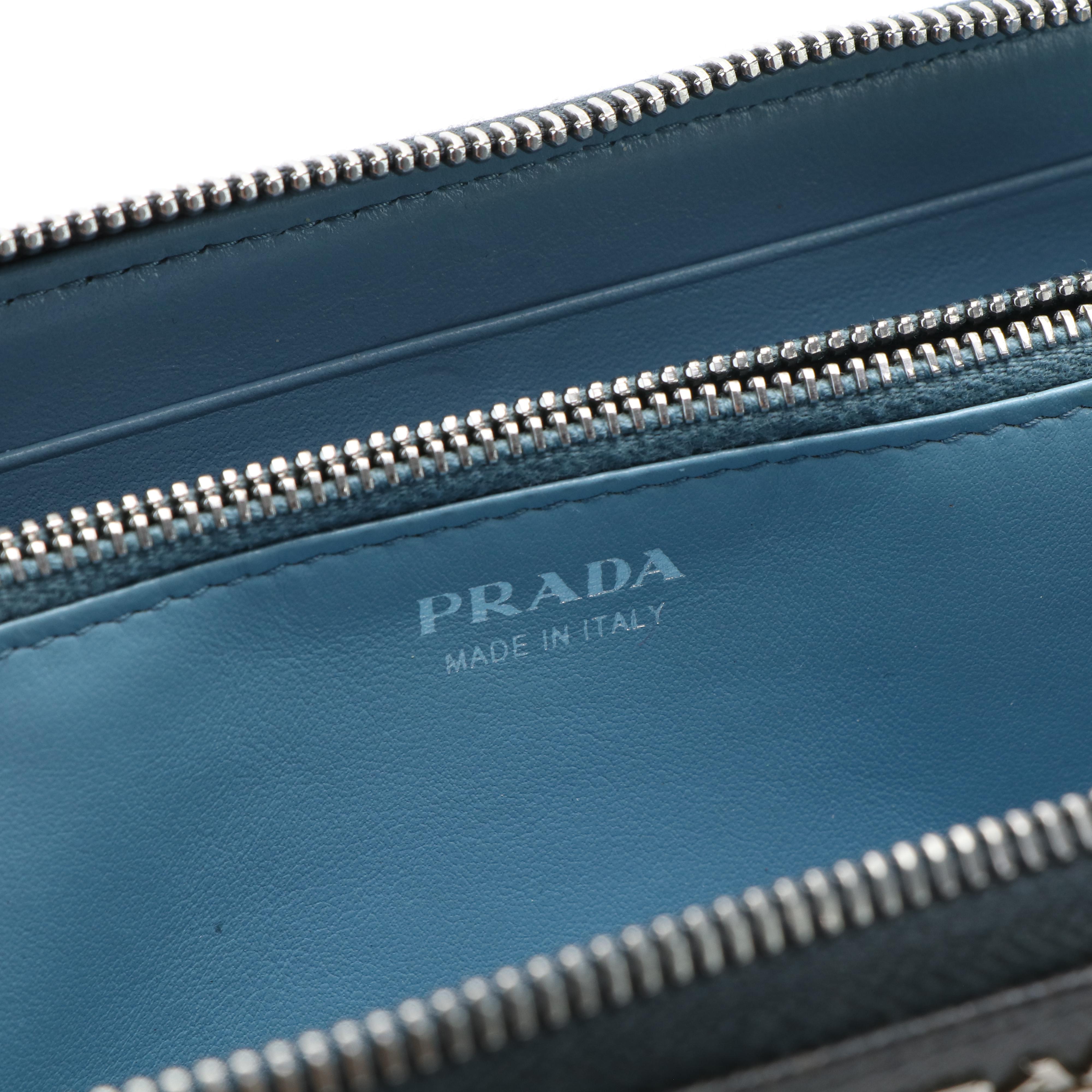 Prada Zip Around Continental Wallet in Navy Blue Saffiano Leather