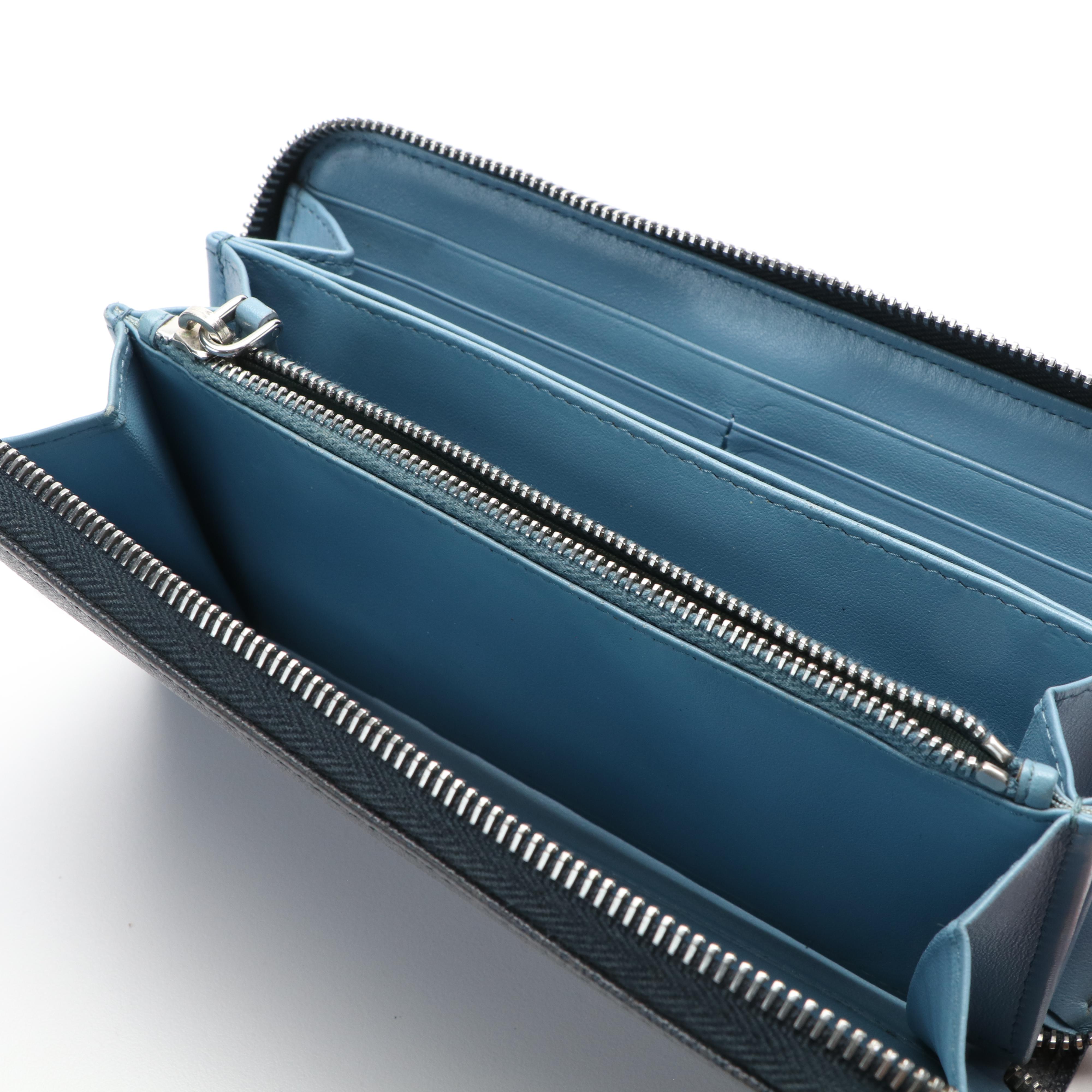 Prada Zip Around Continental Wallet in Navy Blue Saffiano Leather