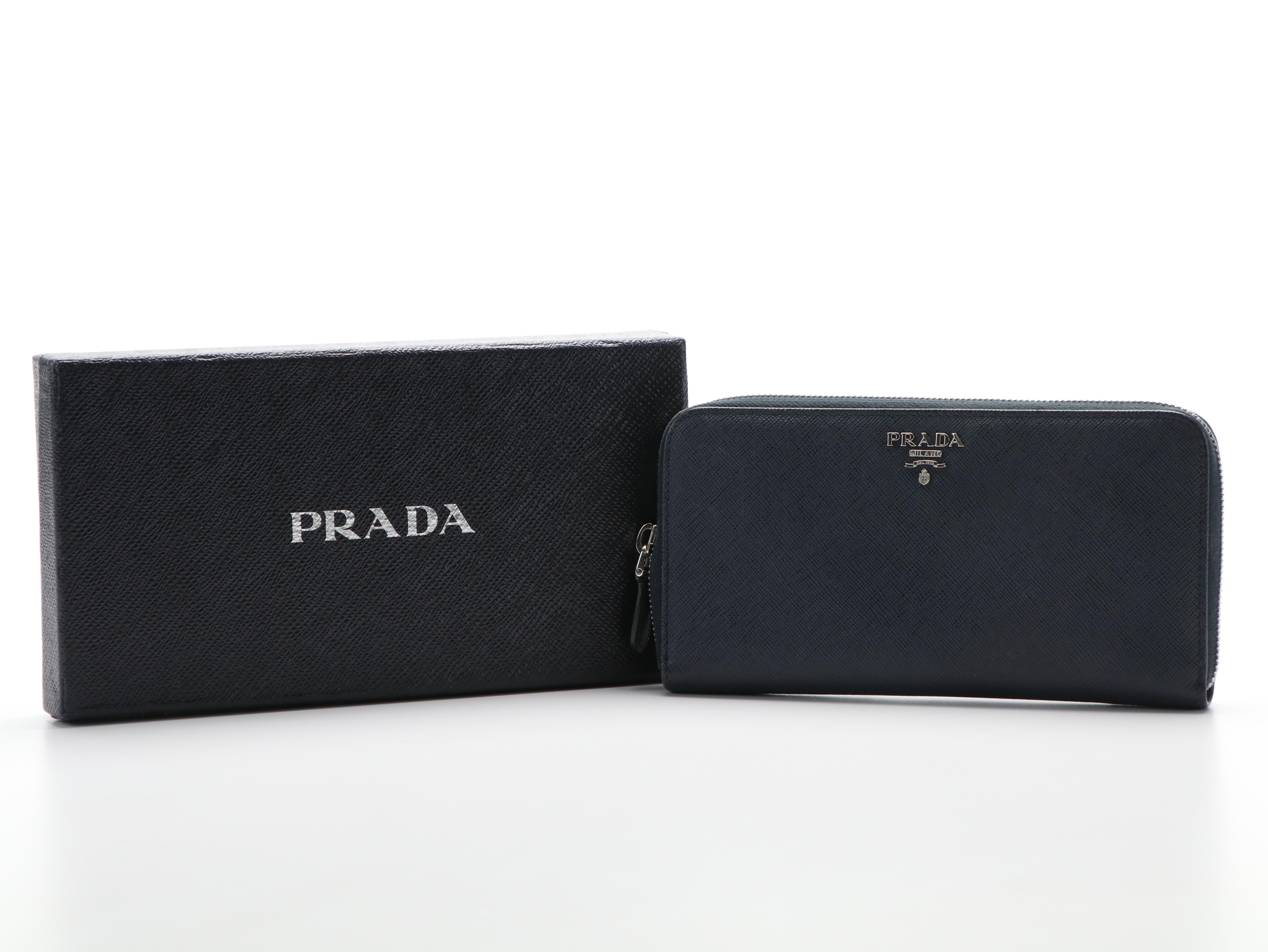 Prada Zip Around Continental Wallet in Navy Blue Saffiano Leather
