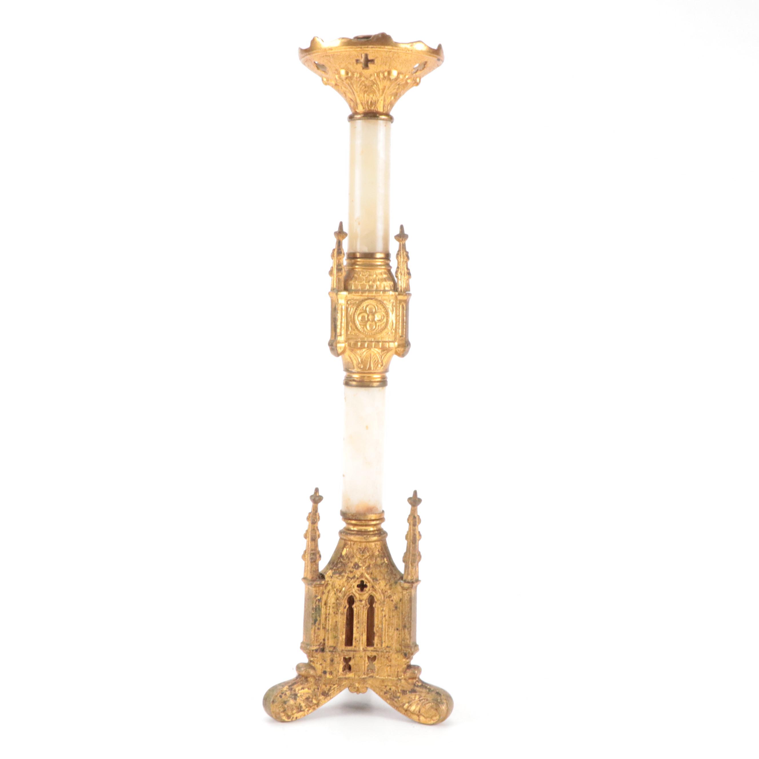 Gothic Revival Gilt Metal and Stone Altar Candlestick, Early 20th C.
