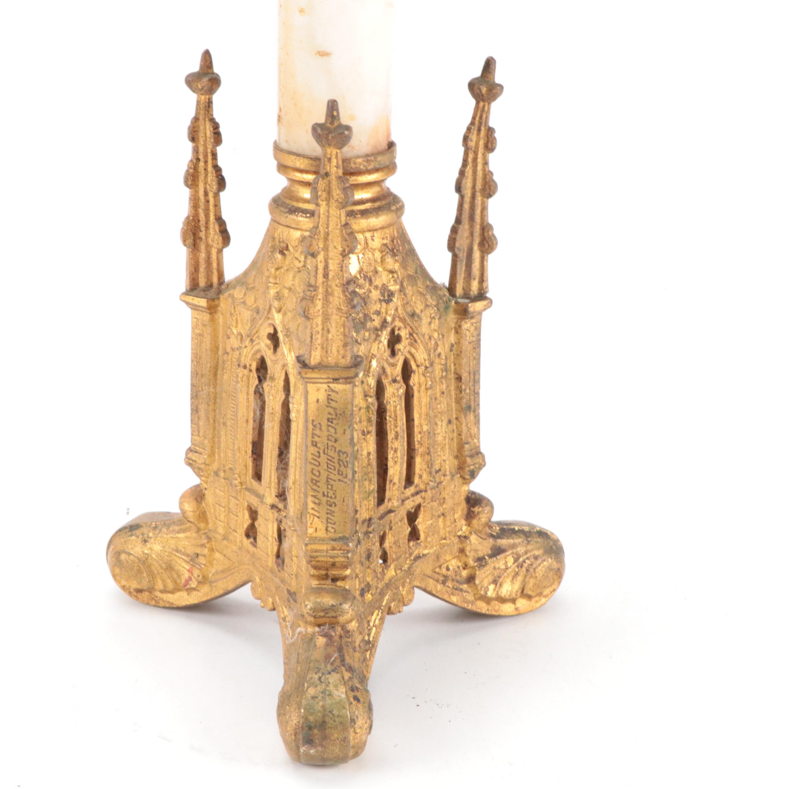 Gothic Revival Gilt Metal and Stone Altar Candlestick, Early 20th C.