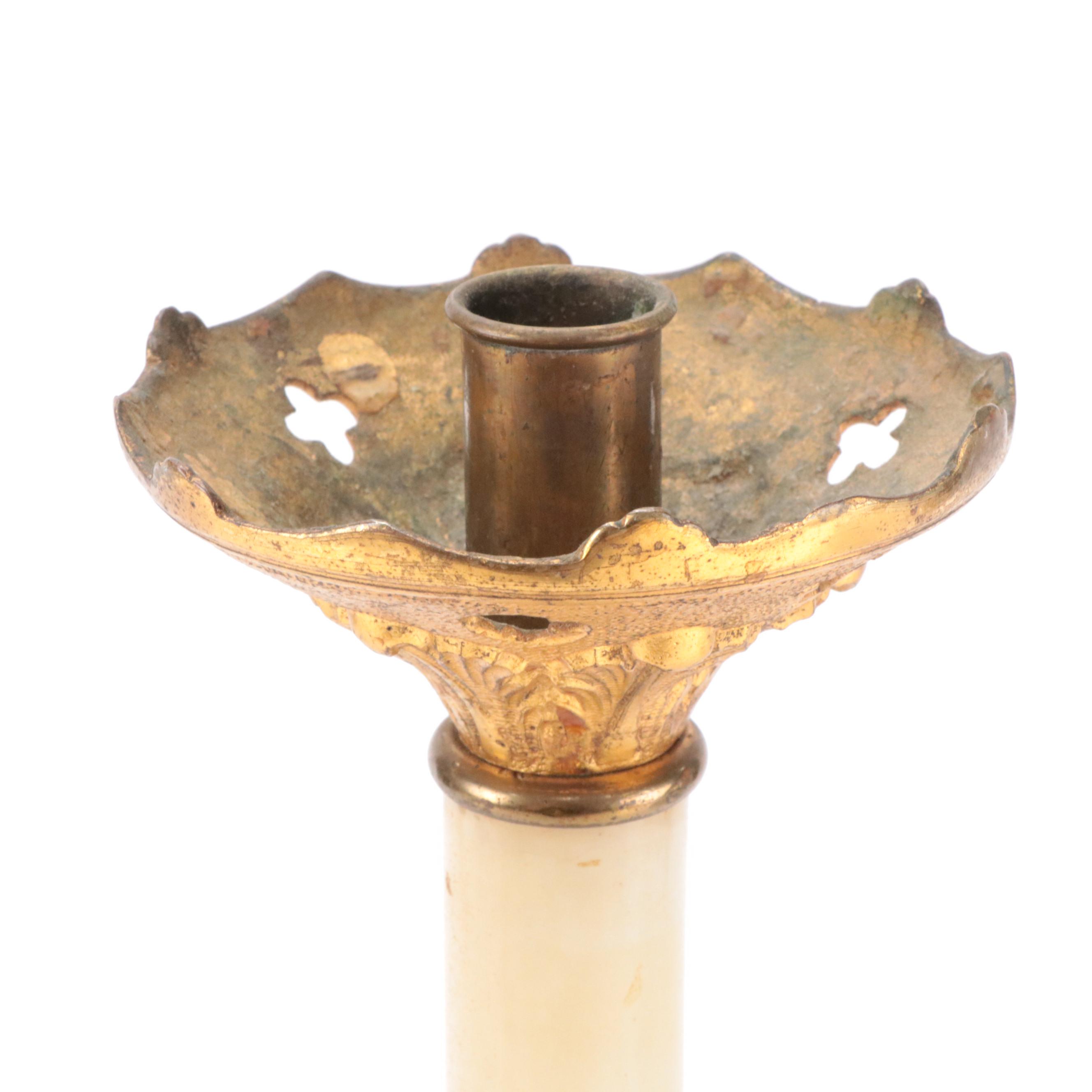 Gothic Revival Gilt Metal and Stone Altar Candlestick, Early 20th C.