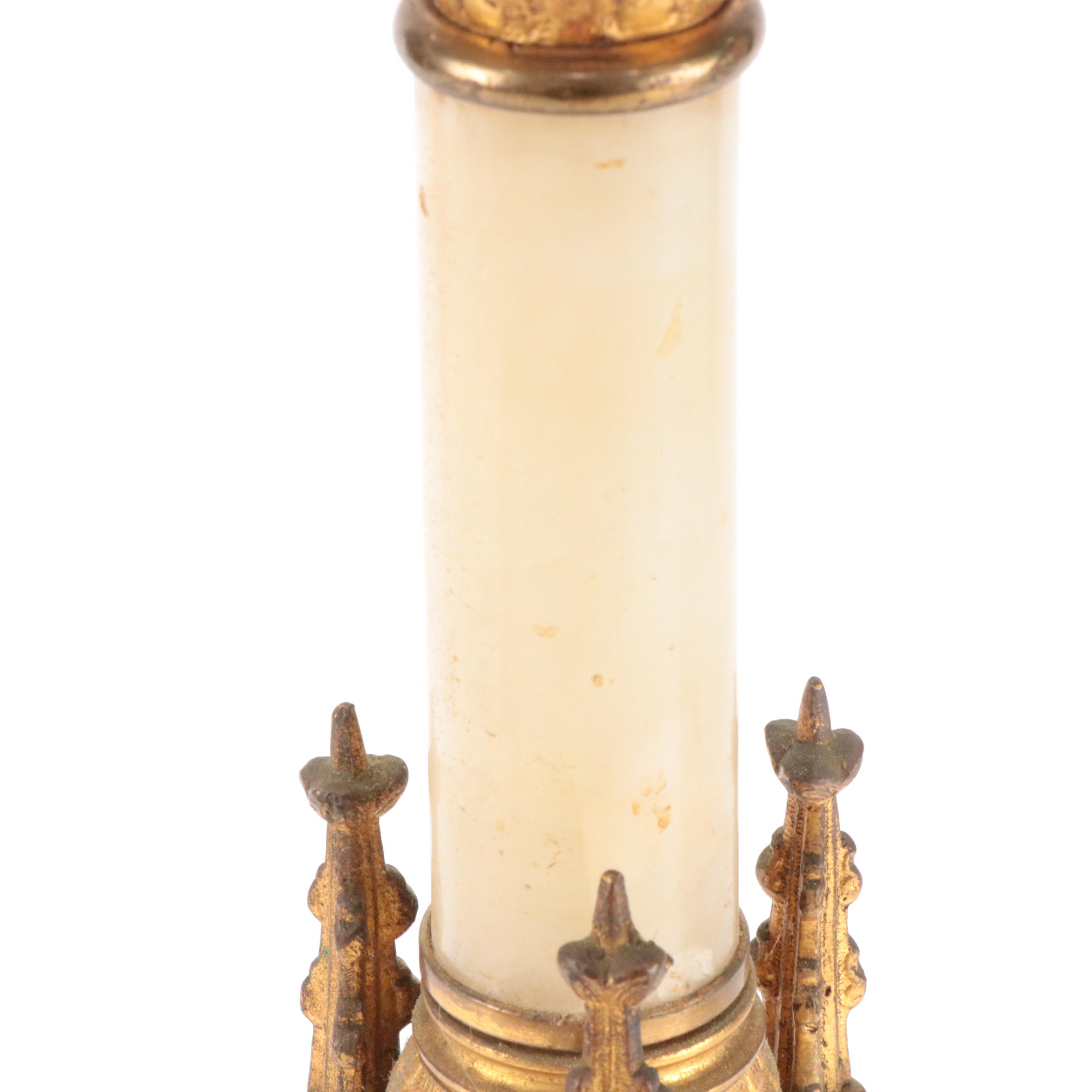 Gothic Revival Gilt Metal and Stone Altar Candlestick, Early 20th C.