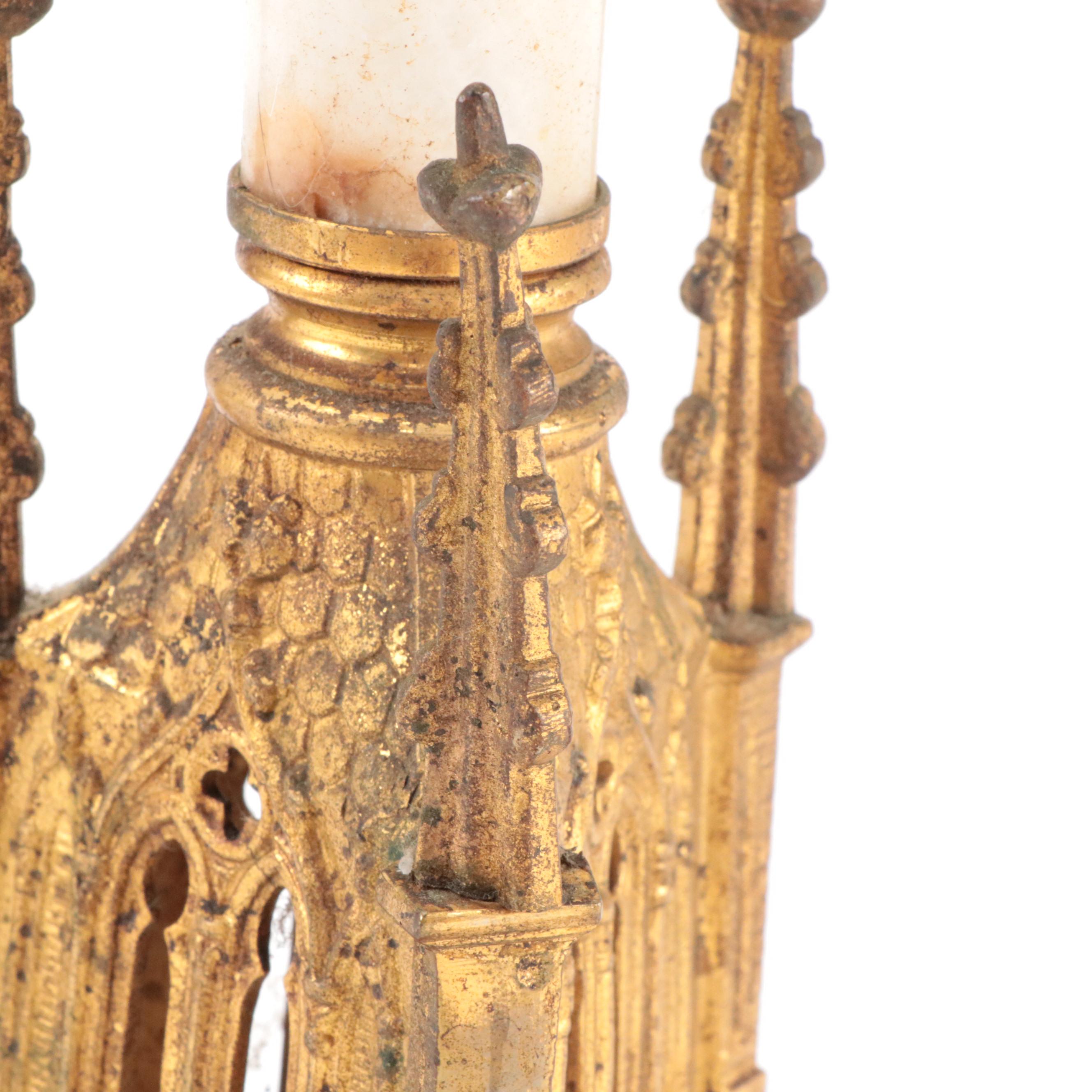 Gothic Revival Gilt Metal and Stone Altar Candlestick, Early 20th C.