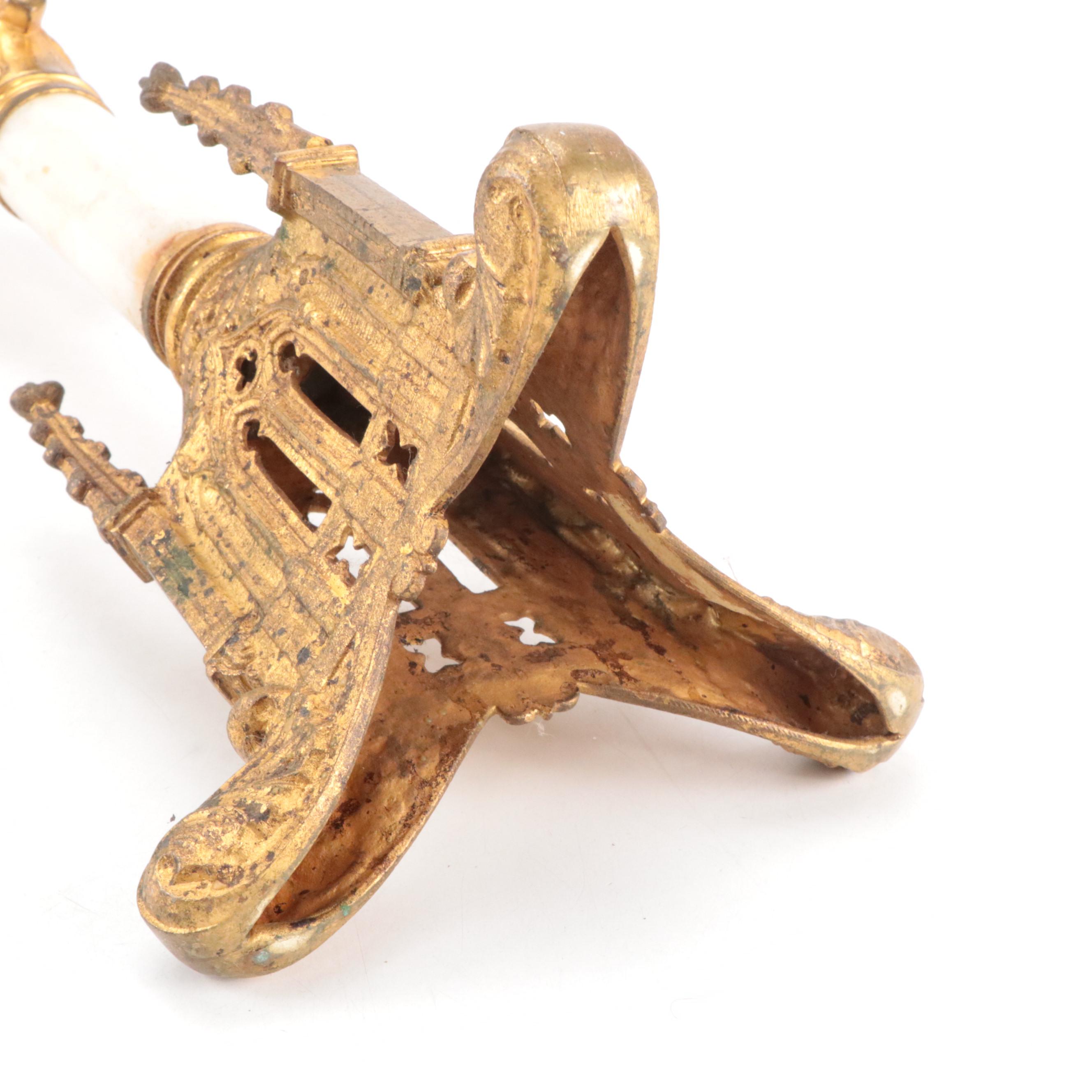 Gothic Revival Gilt Metal and Stone Altar Candlestick, Early 20th C.