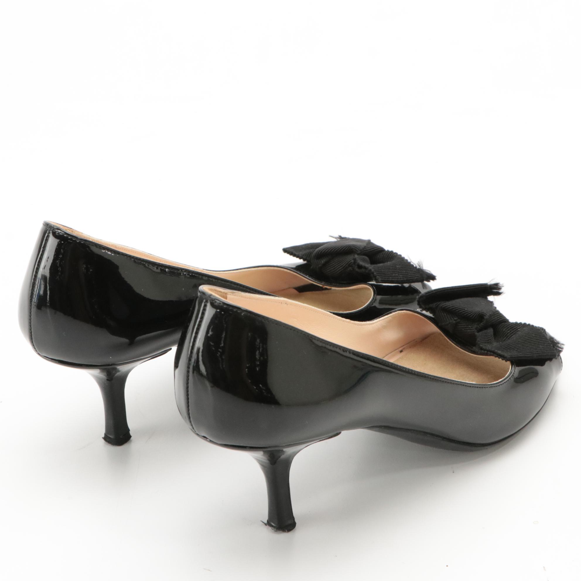 Prada Black Patent Leather Bow Accent Peep-Toe Heels in Box