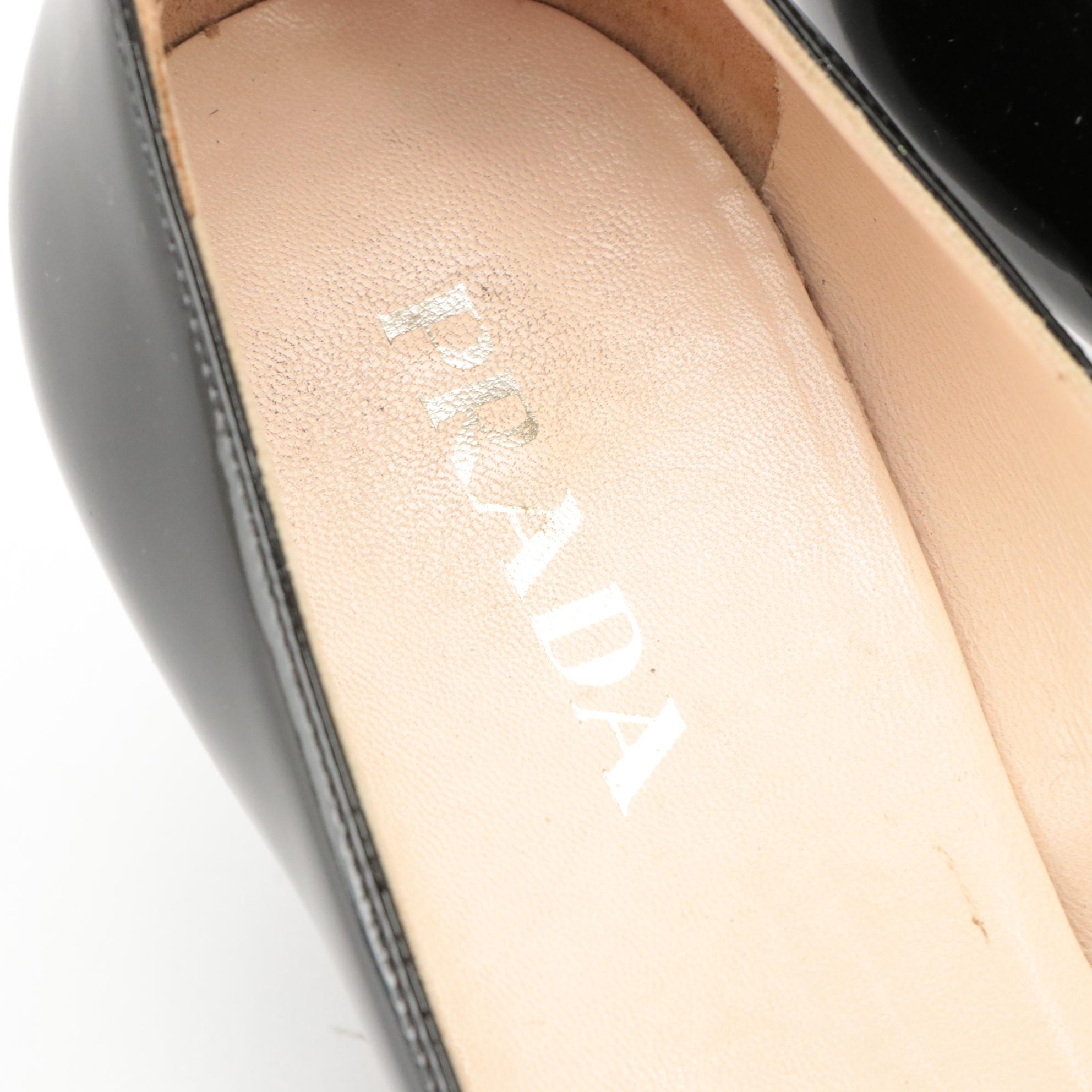 Prada Black Patent Leather Bow Accent Peep-Toe Heels in Box