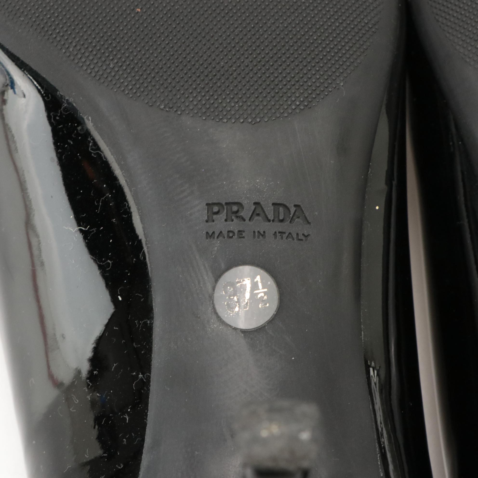 Prada Black Patent Leather Bow Accent Peep-Toe Heels in Box