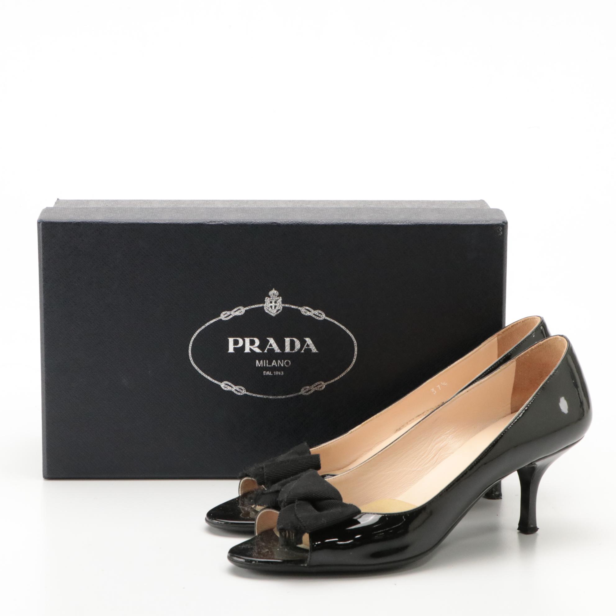 Prada Black Patent Leather Bow Accent Peep-Toe Heels in Box