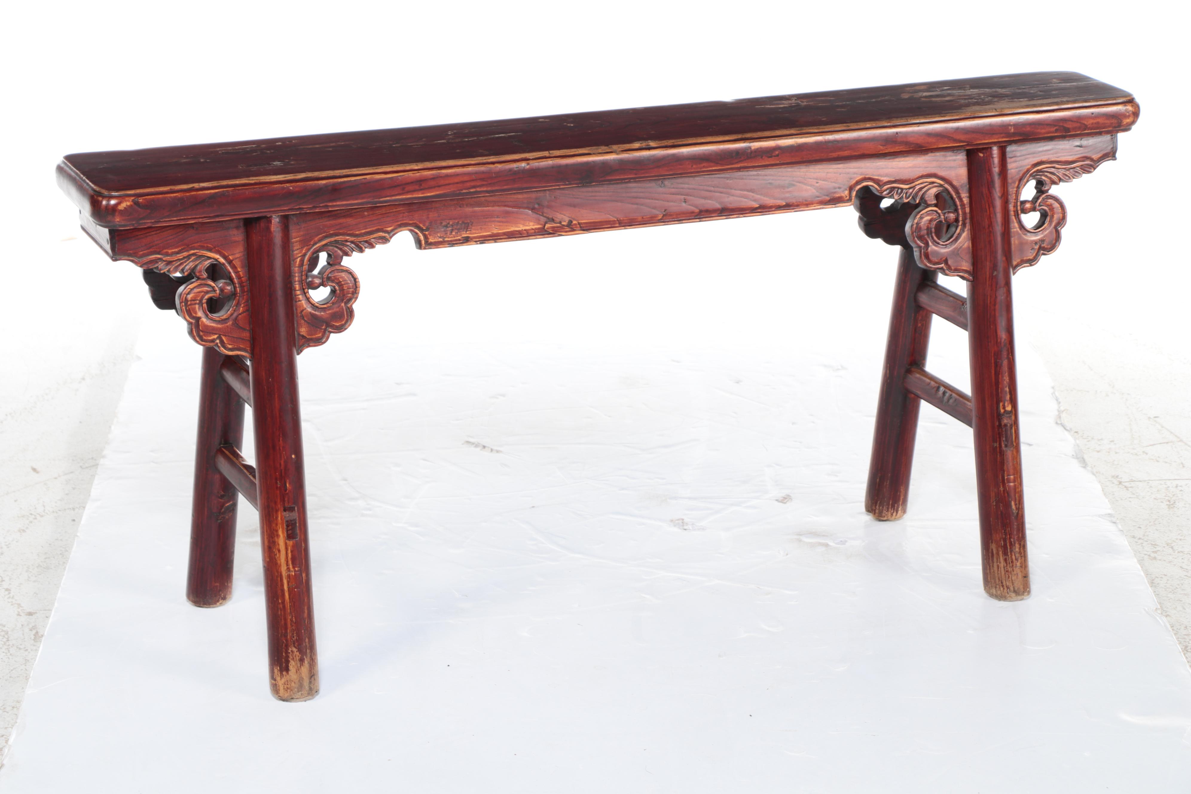 Chinese Carved Elm Gate Bench