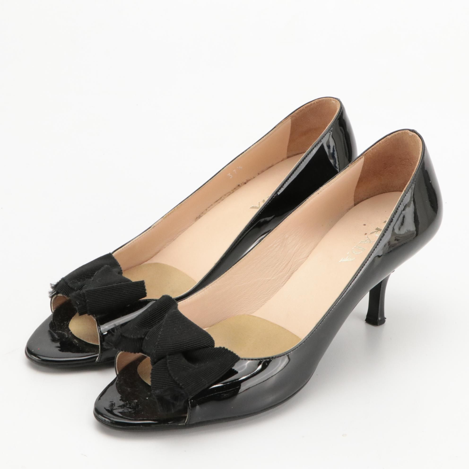 Prada Black Patent Leather Bow Accent Peep-Toe Heels in Box
