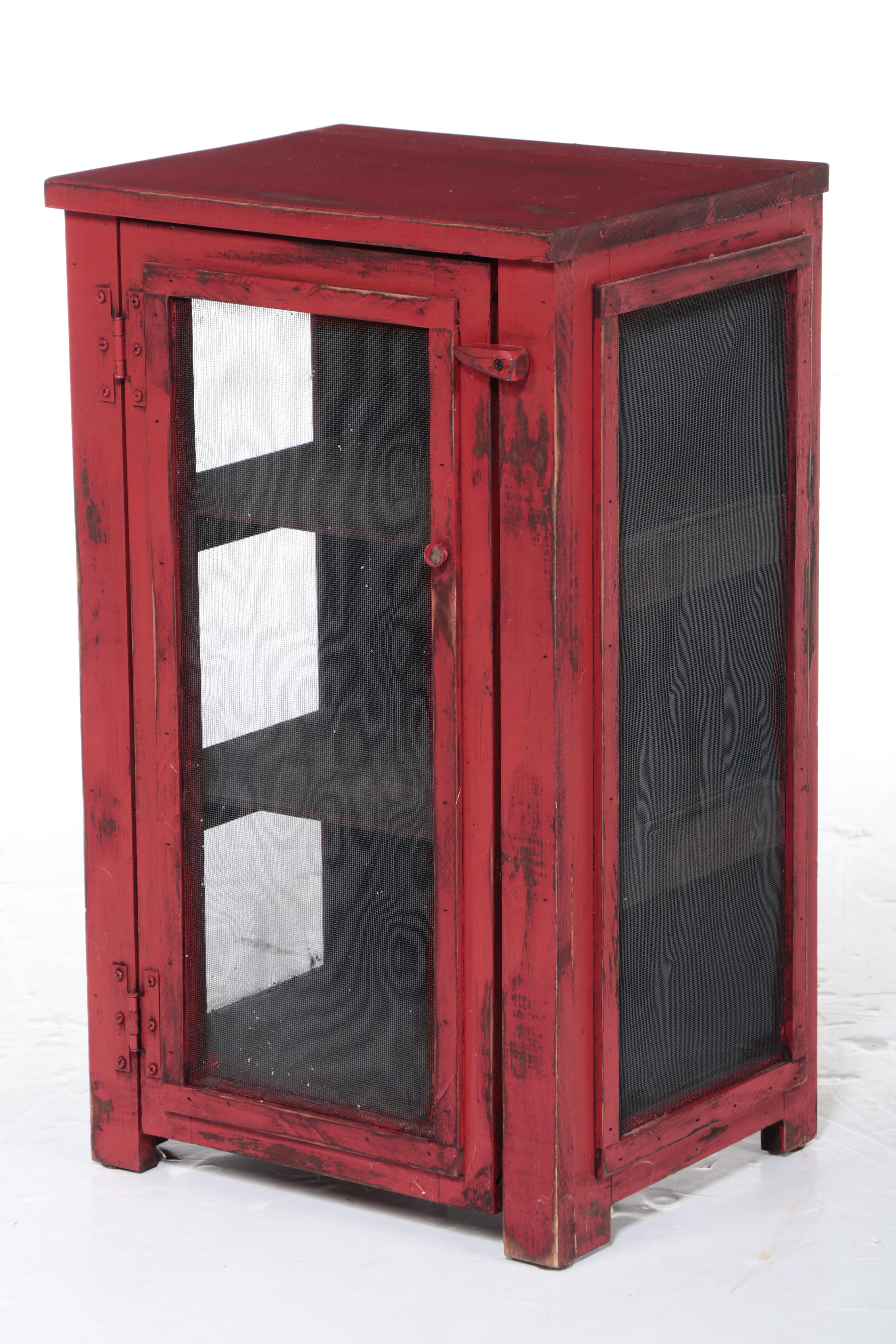 American Primitive Style Red-Painted Pie Safe-Form Side Cabinet