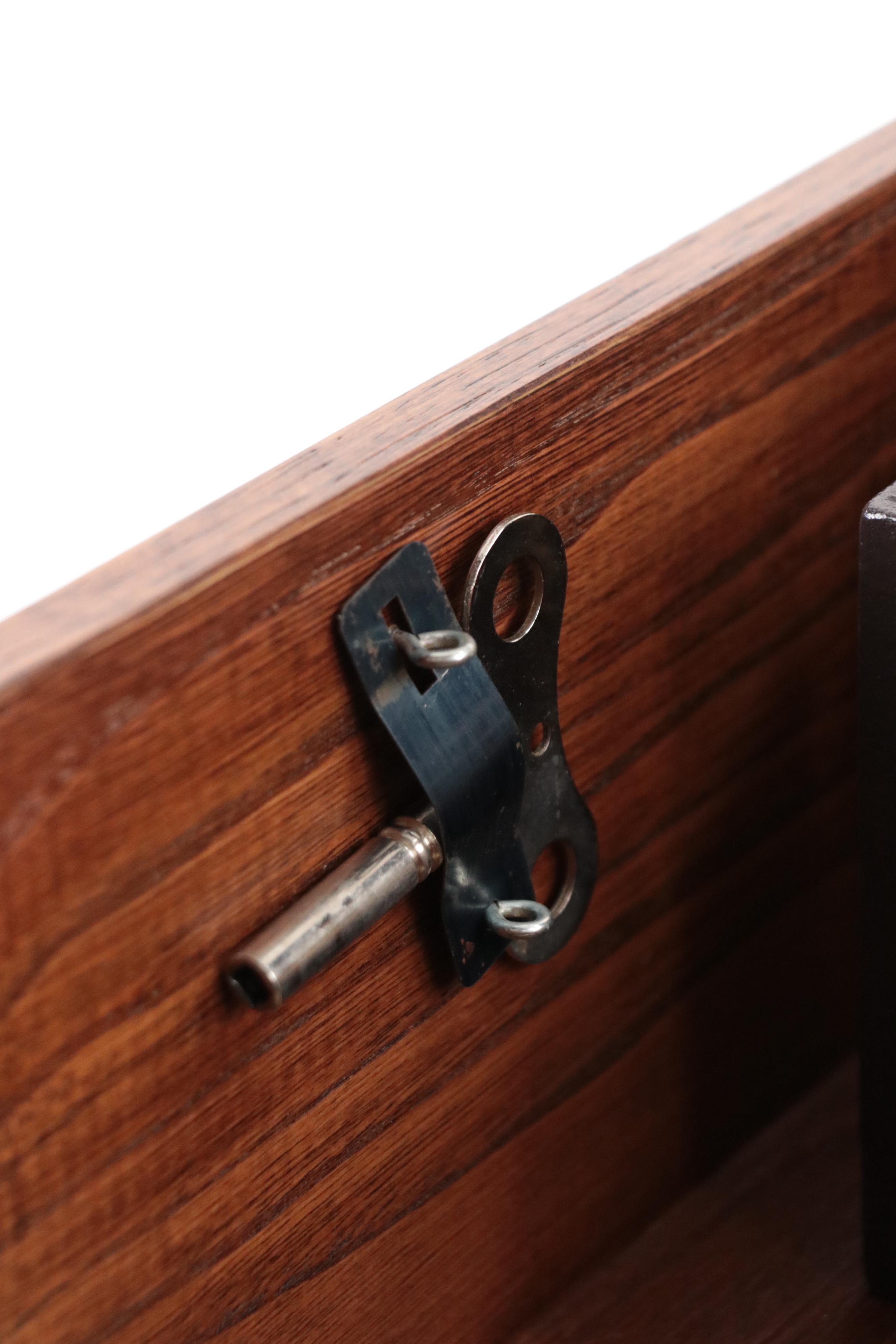 German Style Oak and Leaded Glass Pendulum Wall Clock with Chime