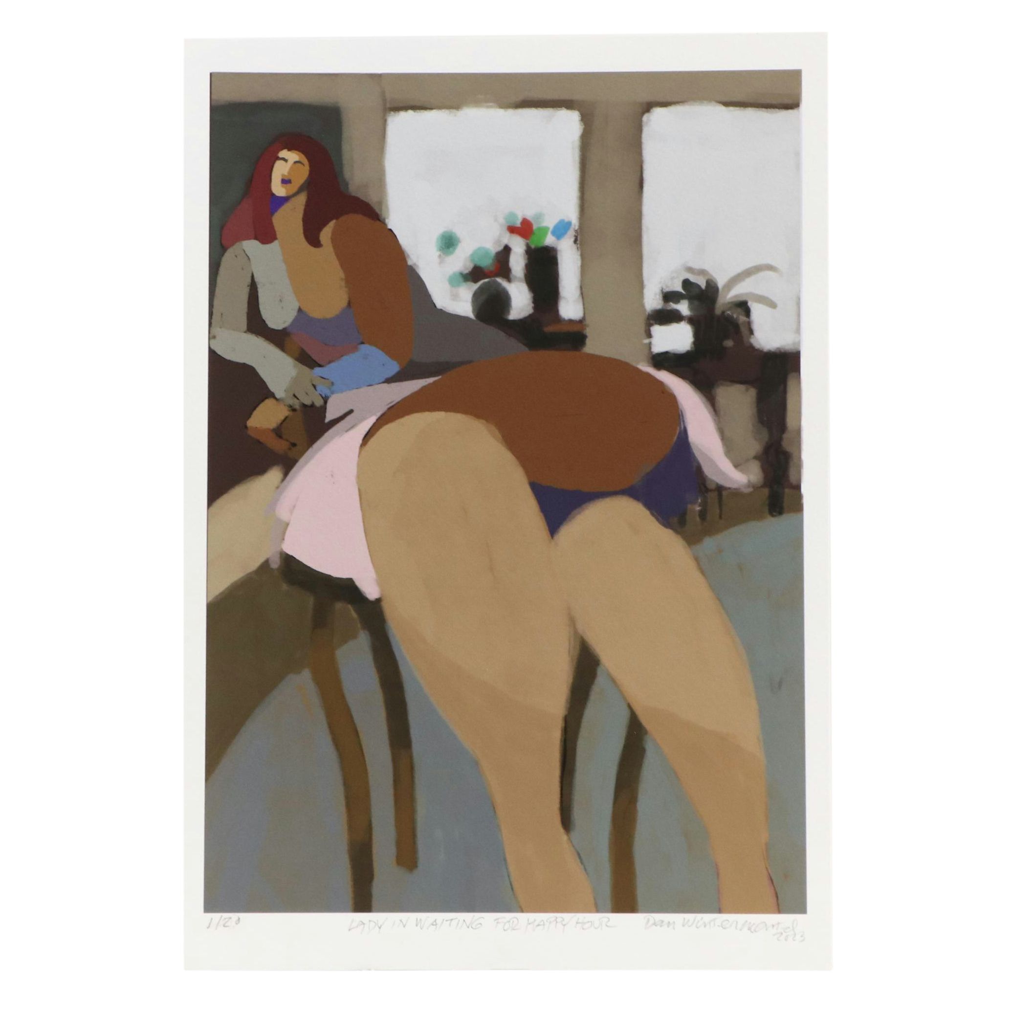 Dan Wintermantel Stylized Figural Giclée "Lady in Waiting for Happy Hour," 2023