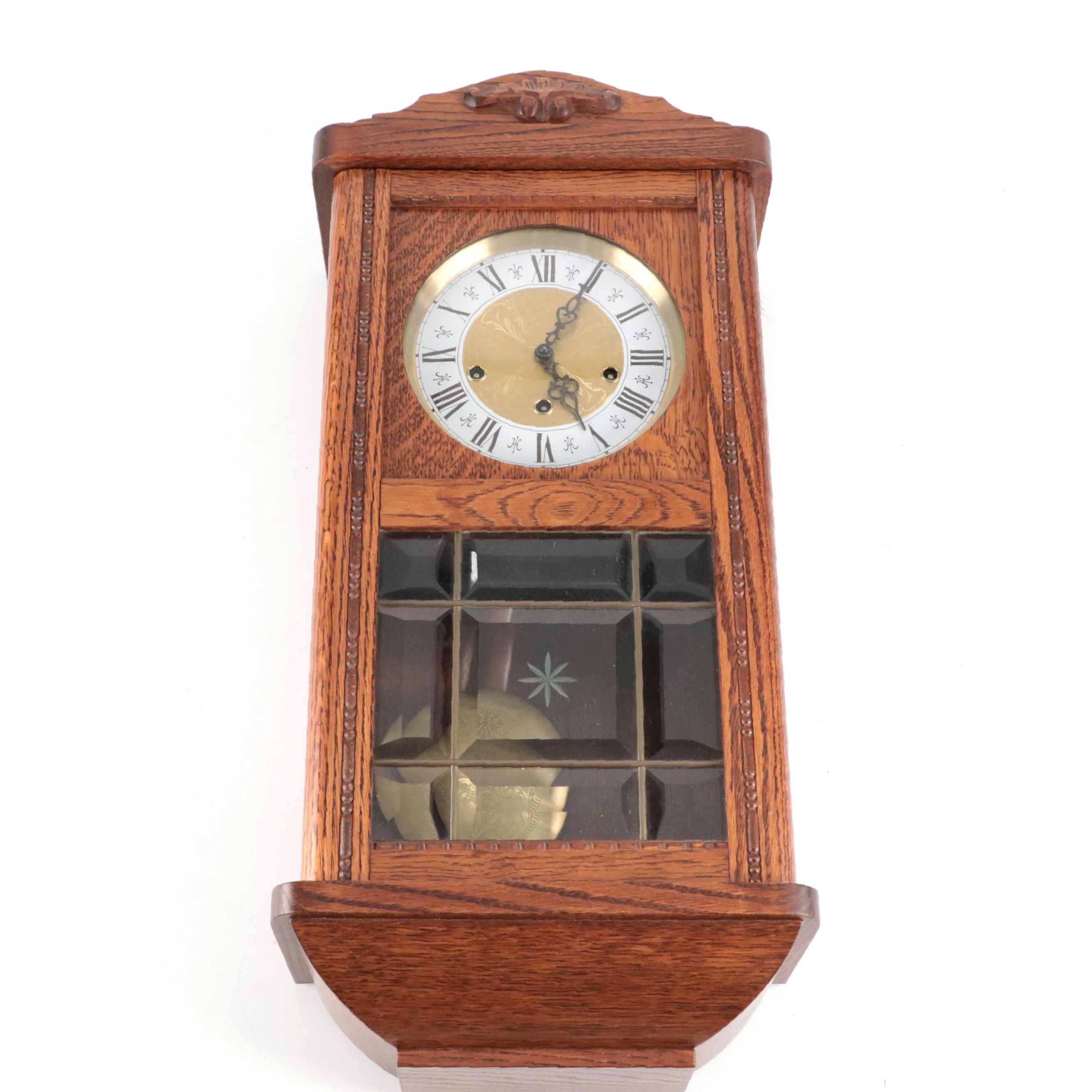 German Style Oak and Leaded Glass Pendulum Wall Clock with Chime