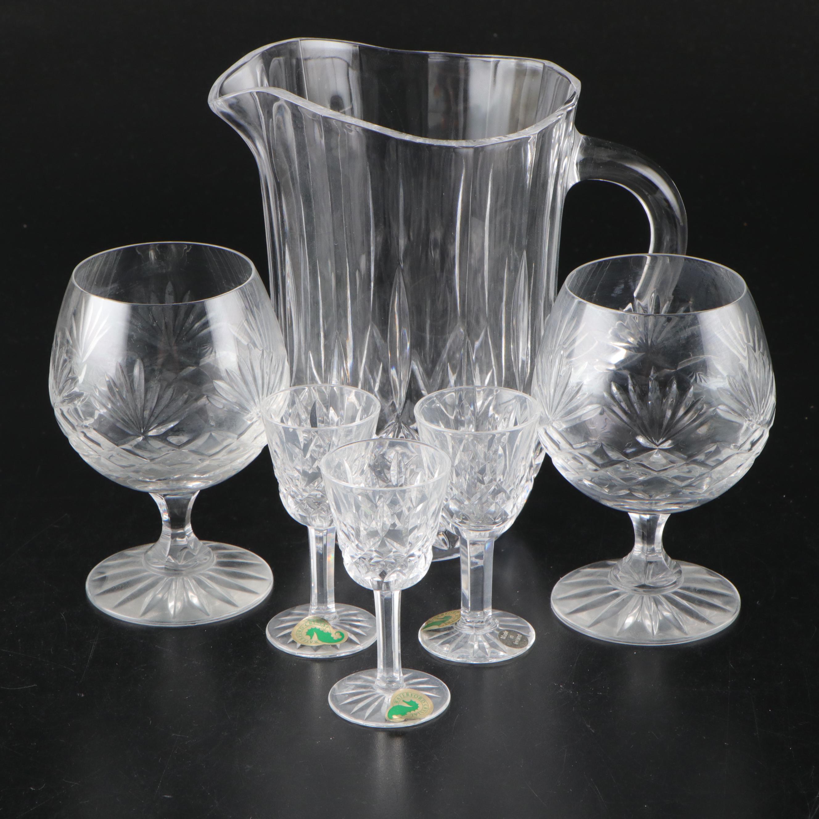 Waterford "Lismore" Crystal Cordials with Other Pitcher and Brandy Snifters