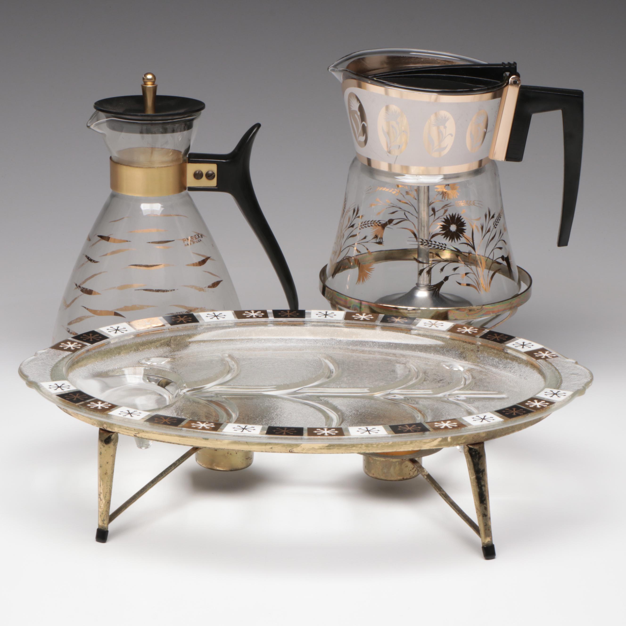 Pyrex and David Douglas Coffee Carafes with Other Warming Tray, Mid-20th Century